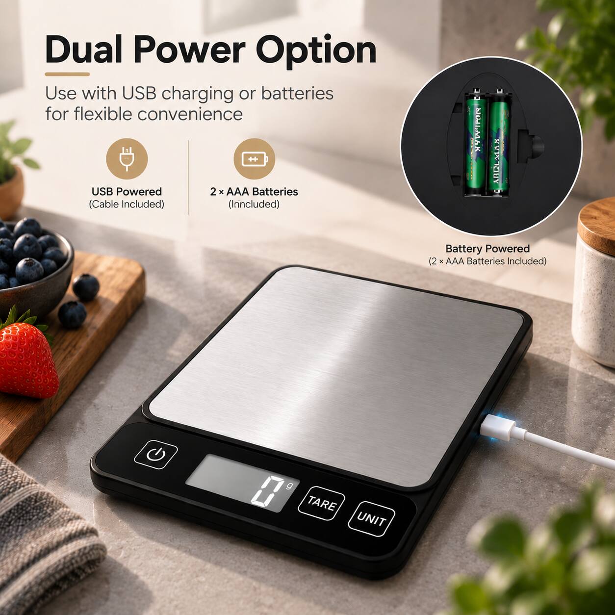 Dual Power Option  
Use with USB charging or batteries for flexible convenience  

USB Powered  
(Cable Included)  

2 x AAA Batteries  
(Included)  

Battery Powered  
(2 x AAA Batteries Included)  

TARE  
UNIT