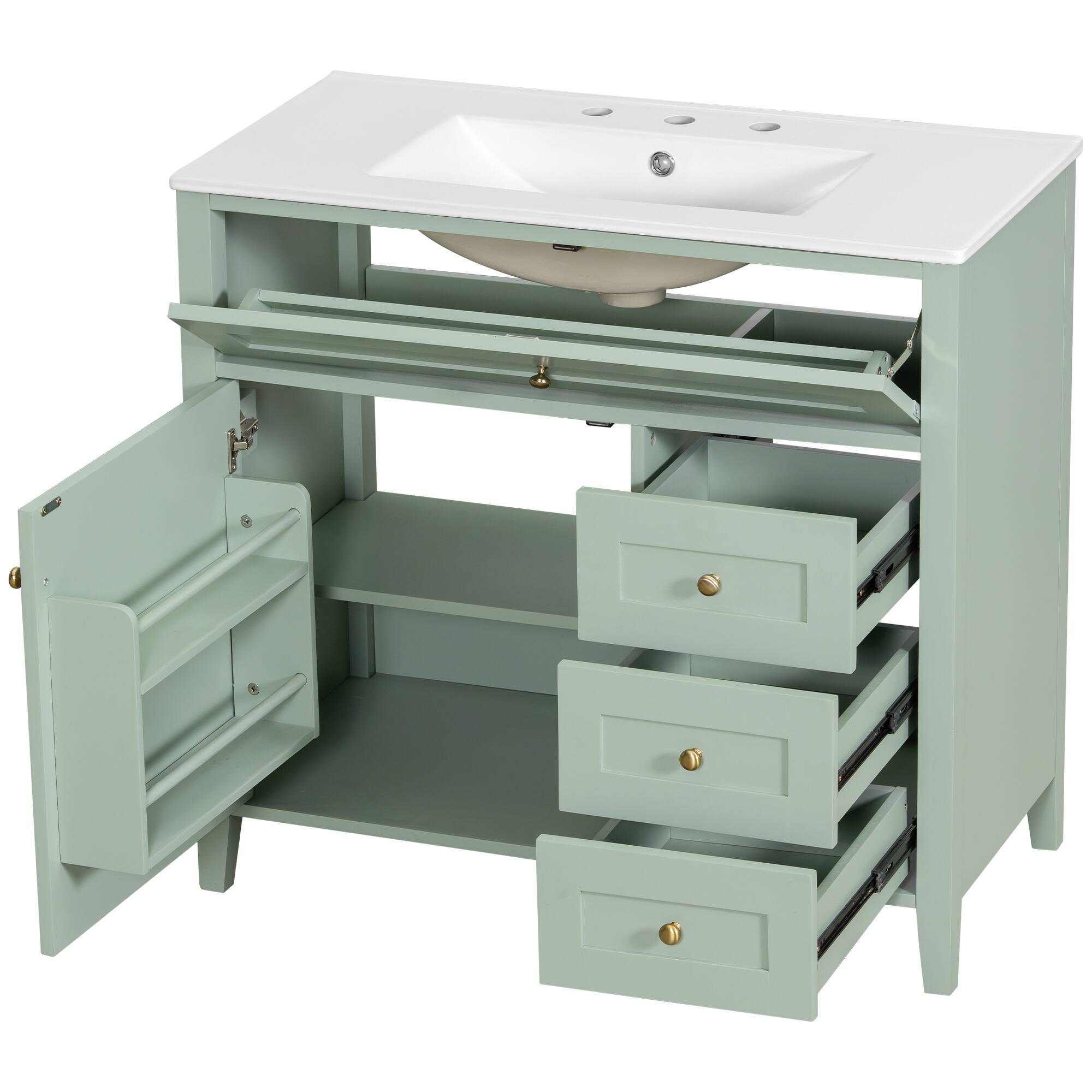 Alt View 1. Whisen - 36 Inch Bathroom Vanity with Ceramic Sink Combo Modern 3 Drawer 1 Door Storage Cabinet Freestanding - Light Green.
