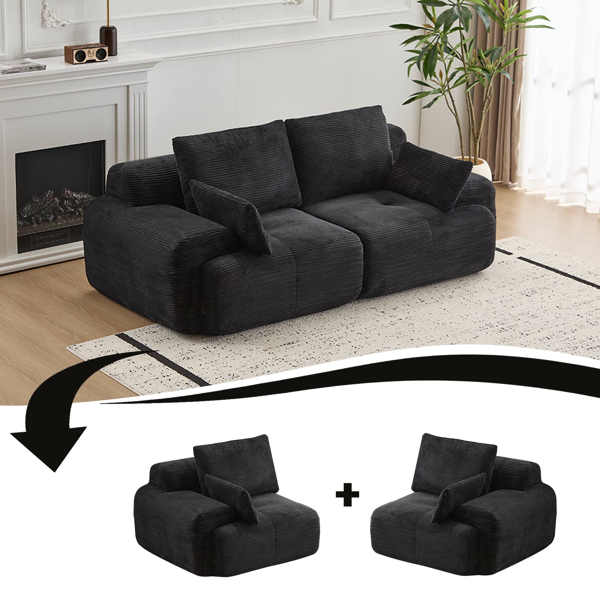 Alt View 3. Whisen - 2-Seater Modular Corduroy Sofa, Memory Foam Cloud Couch, Deep Loveseat for Living Room, No Assembly - Black.