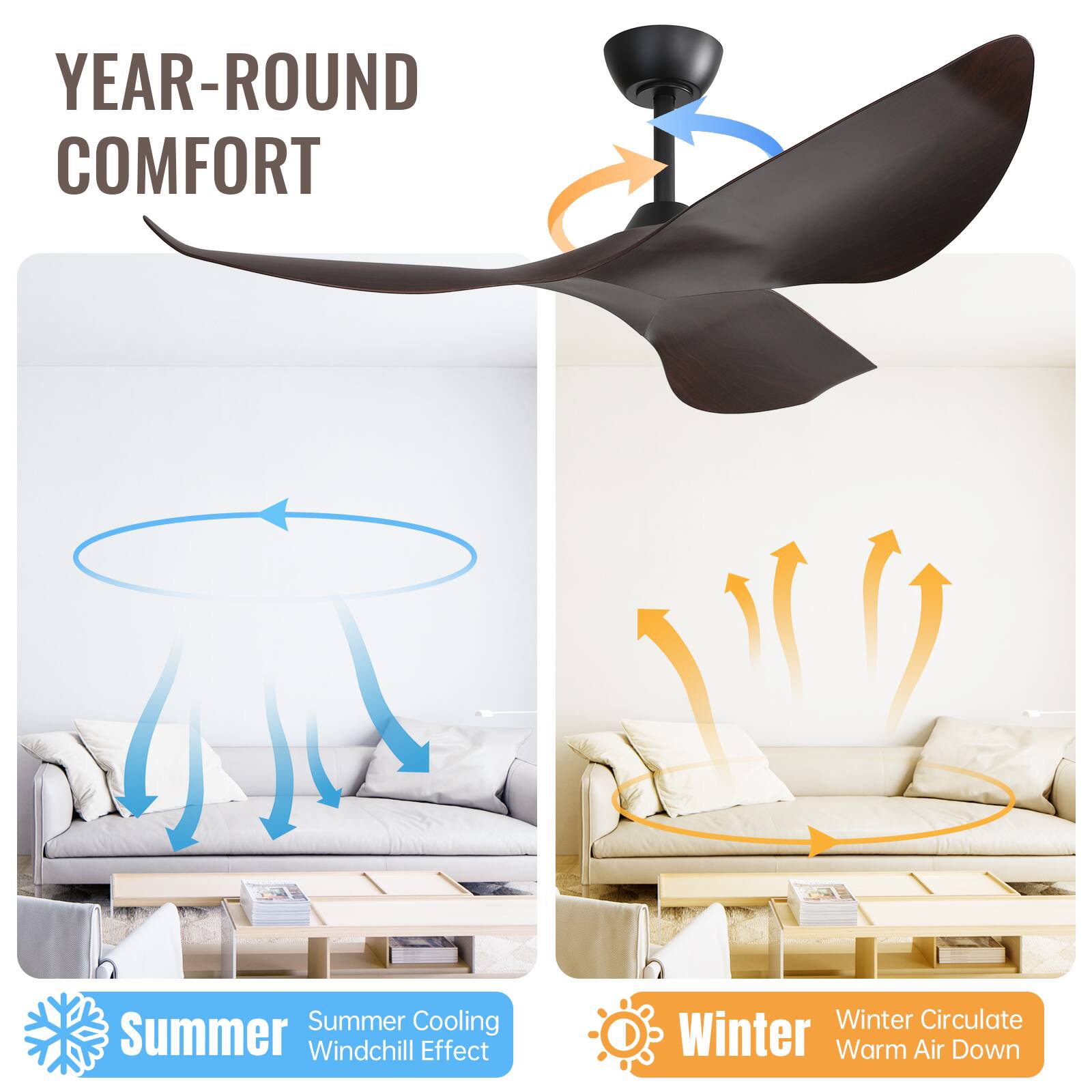 YEAR-ROUND COMFORT

Summer  
Summer Cooling  
Windchill Effect

Winter  
Winter Circulate  
Warm Air Down