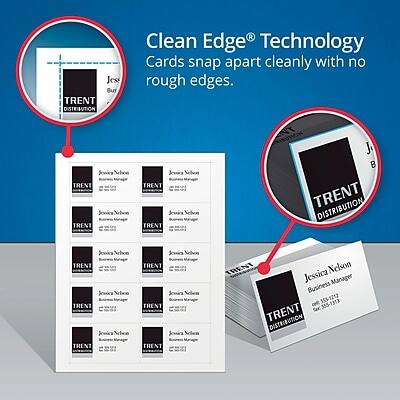 Clean Edge® Technology  
Cards snap apart cleanly with no rough edges.

TRENT DISTRIBUTION

Jessica Nelson  
Business Manager  
555-9212  
555-1313

TRENT DISTRIBUTION