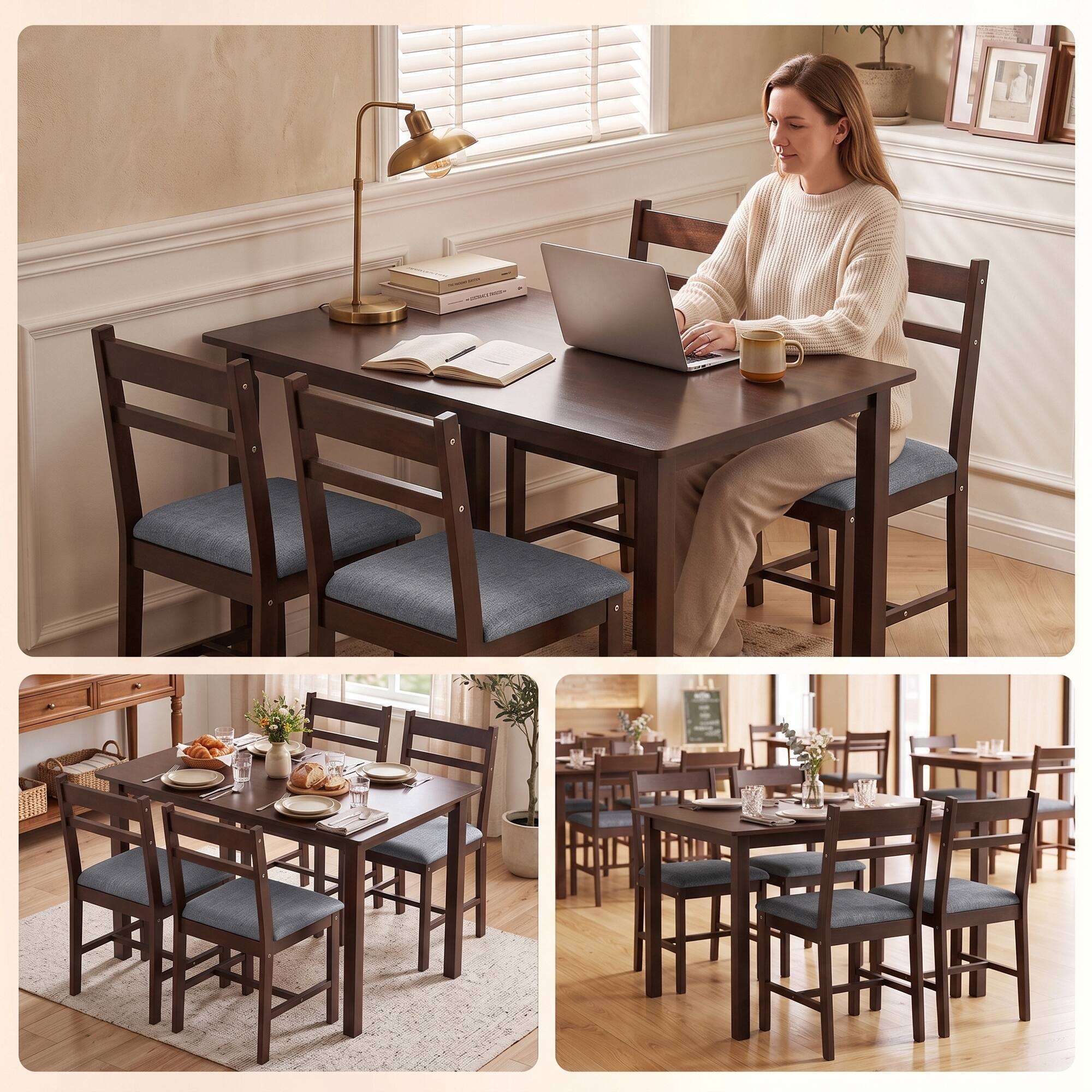 Alt View 8. Homcom - Solid Wood Dining Table Set for 4 - Walnut and gray.