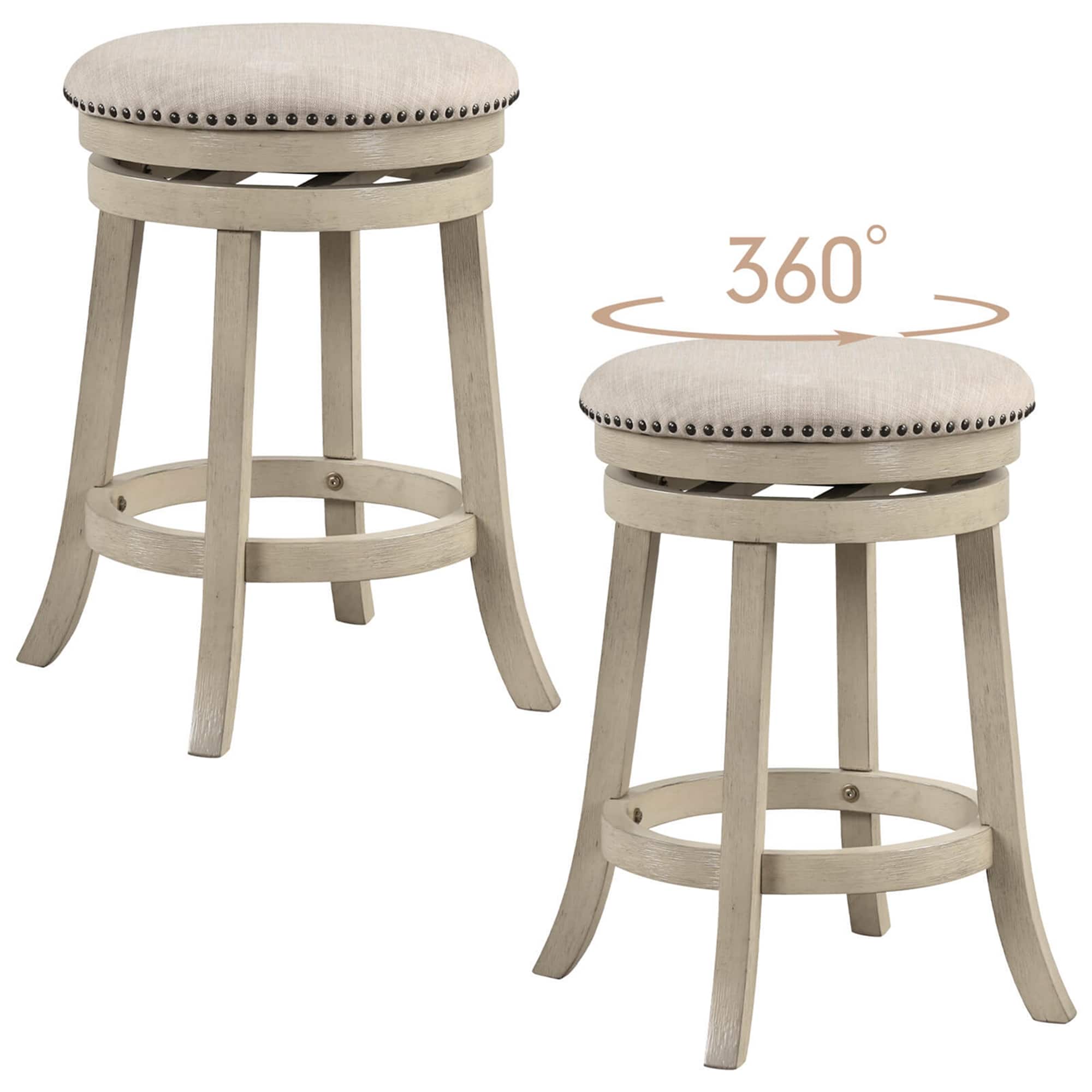 Costway - 26.5" Swivel Bar Stools Set of 2 Round Counter Height Barstools with Wooden Frame - Beige,Natural