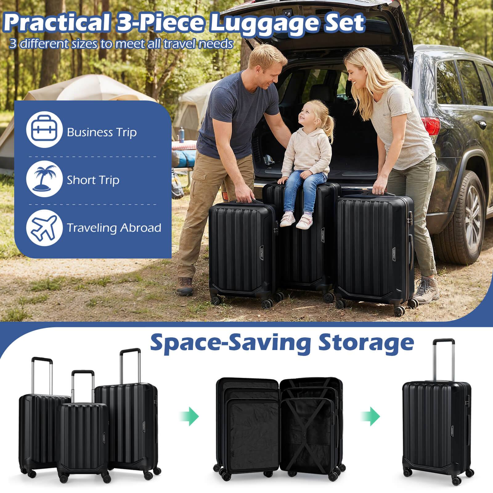 Practical 3-Piece Luggage Set  
3 different sizes to meet all travel needs

- Business Trip
- Short Trip
- Traveling Abroad

Space-Saving Storage
