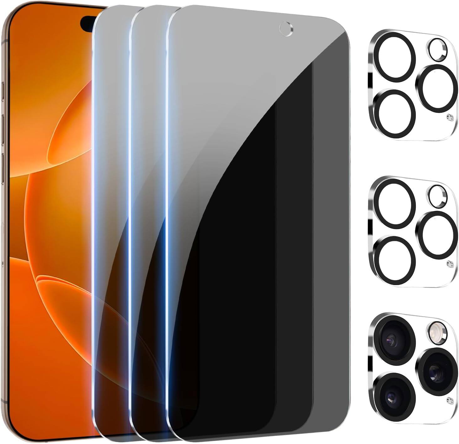 Front. PARKER SLATER - [3+3 Pack] Privacy Screen Protector for iPhone 16 Pro Max 6.9" + Camera Lens Protector – Anti-Spy Tempered Glass, 9H Har - Black.