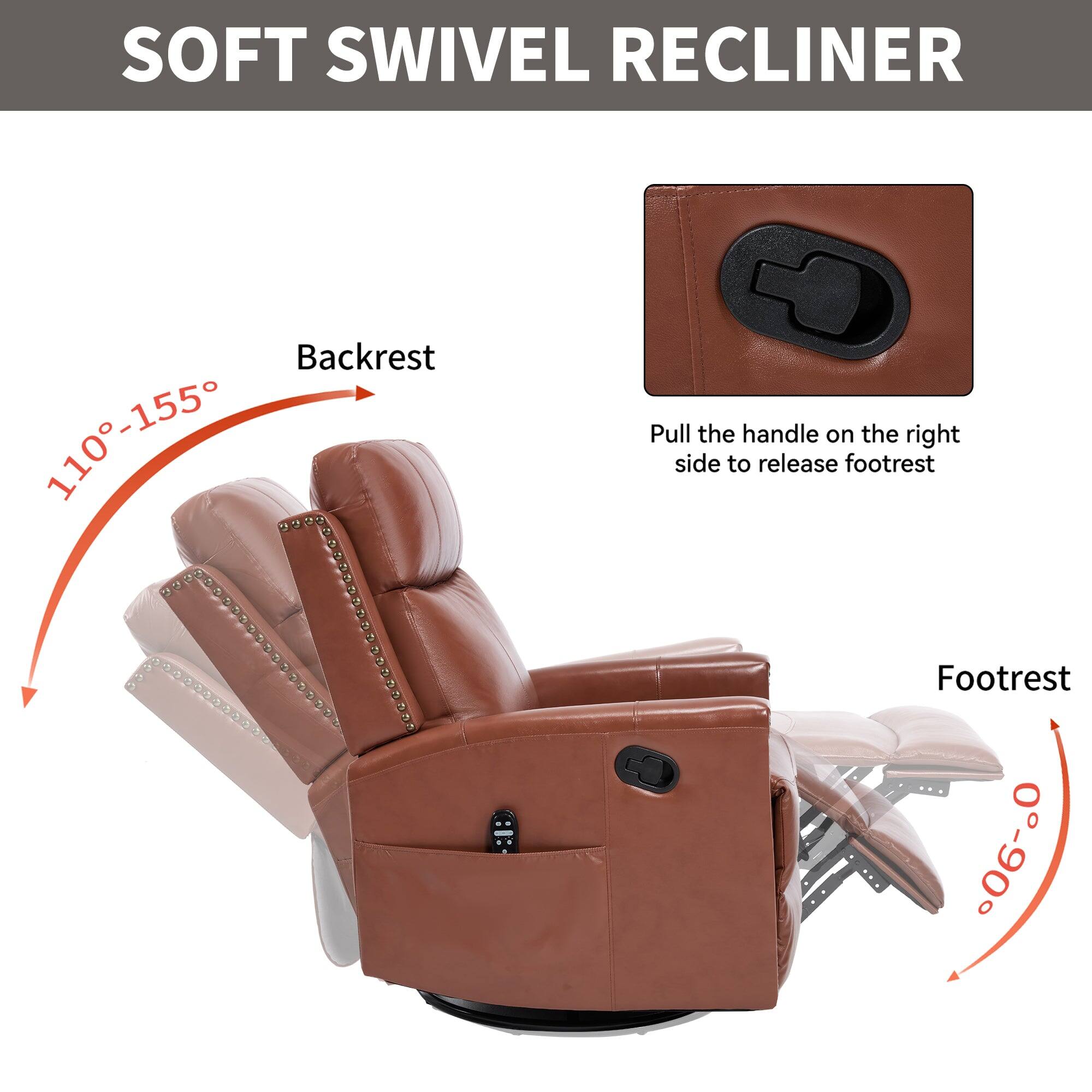 SOFT SWIVEL RECLINER

Backrest  
110°-155°

Footrest  
0°-90°

Pull the handle on the right side to release footrest