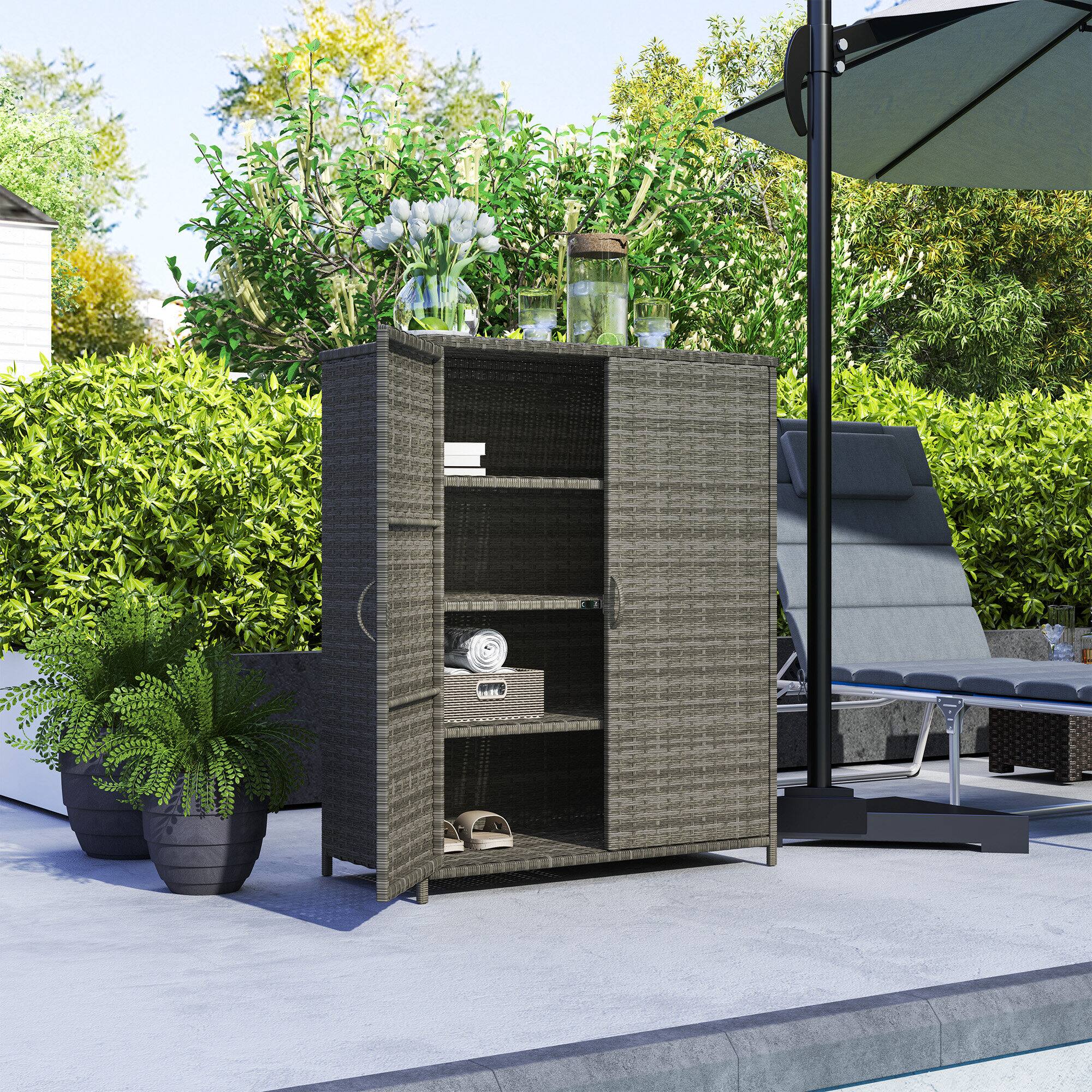 Alt View 7. Outsunny - Wicker Outdoor Storage Cabinet with Shelves, 4-Shelf Outdoor Pool Towel Cabinet with Two Doors - Mixed Gray.