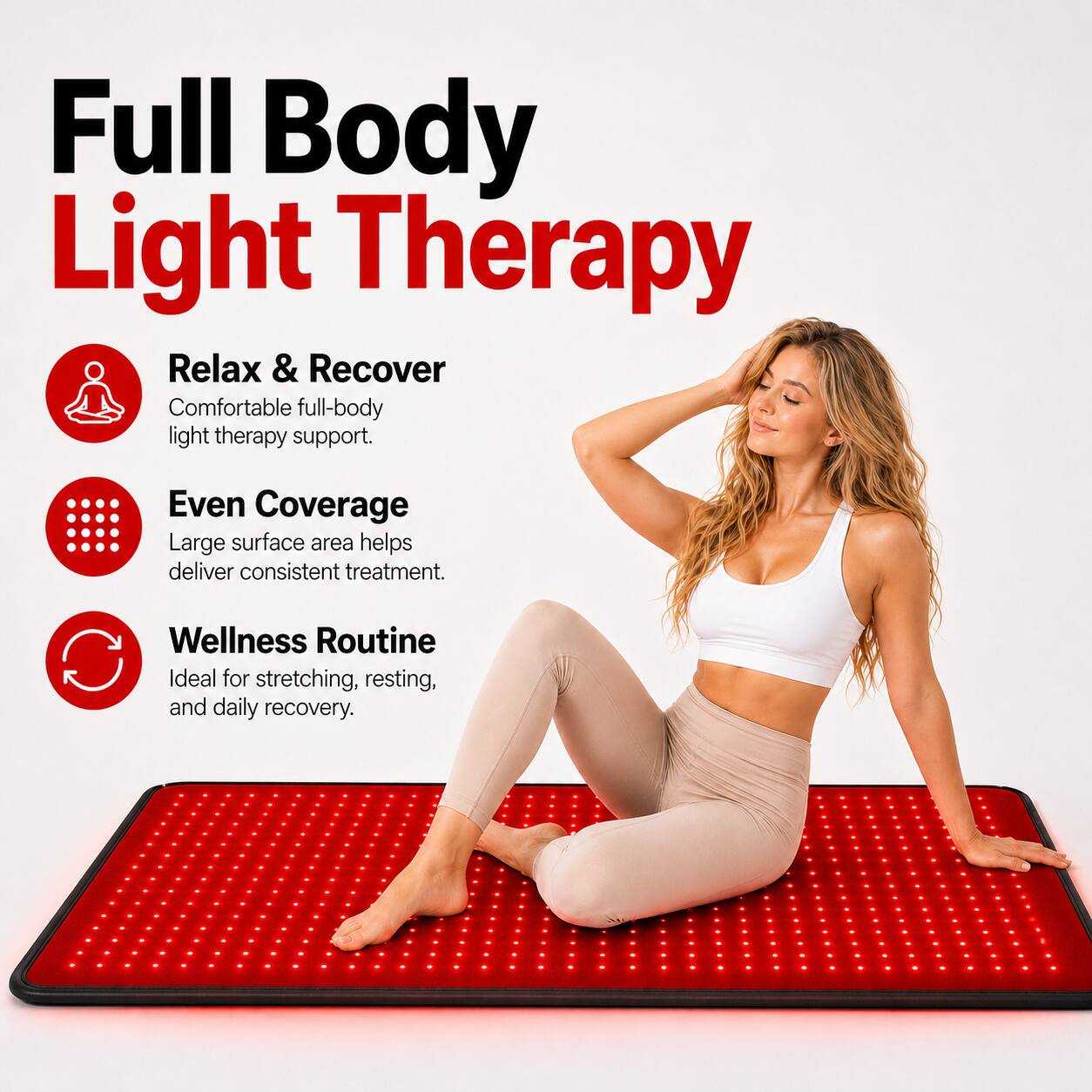 Full Body Light Therapy

Relax & Recover
Comfortable full-body light therapy support.

Even Coverage
Large surface area helps deliver consistent treatment.

Wellness Routine
Ideal for stretching, resting, and daily recovery.