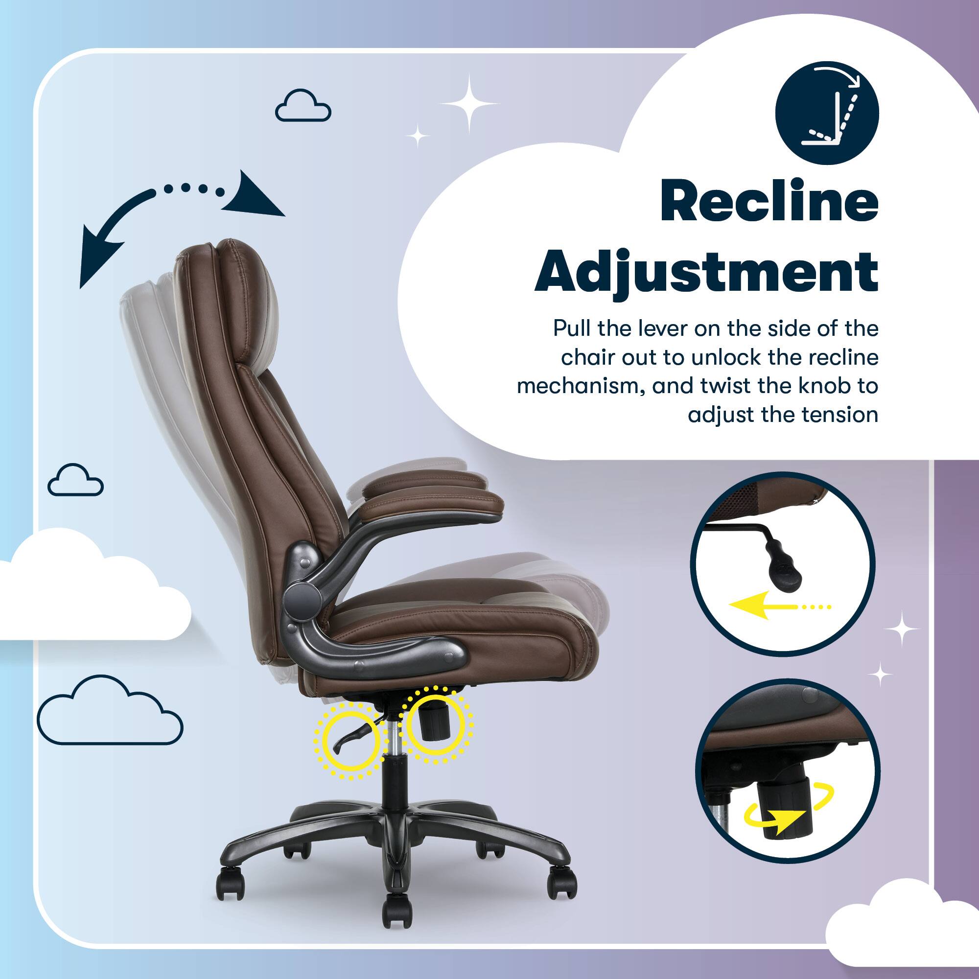 Recline Adjustment  
Pull the lever on the side of the chair out to unlock the recline mechanism, and twist the knob to adjust the tension