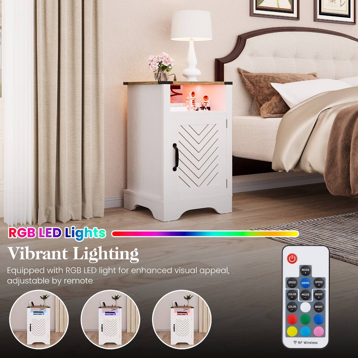 RGB LED Lights Vibrant Lighting  
Equipped with RGB LED light for enhanced visual appeal, adjustable by remote

SPEED  
MODE  
DEMO  
SPEED  
COLOR  
MODE  
BRIGHT  
COLOR  
BRIGHT  

RF Wireless