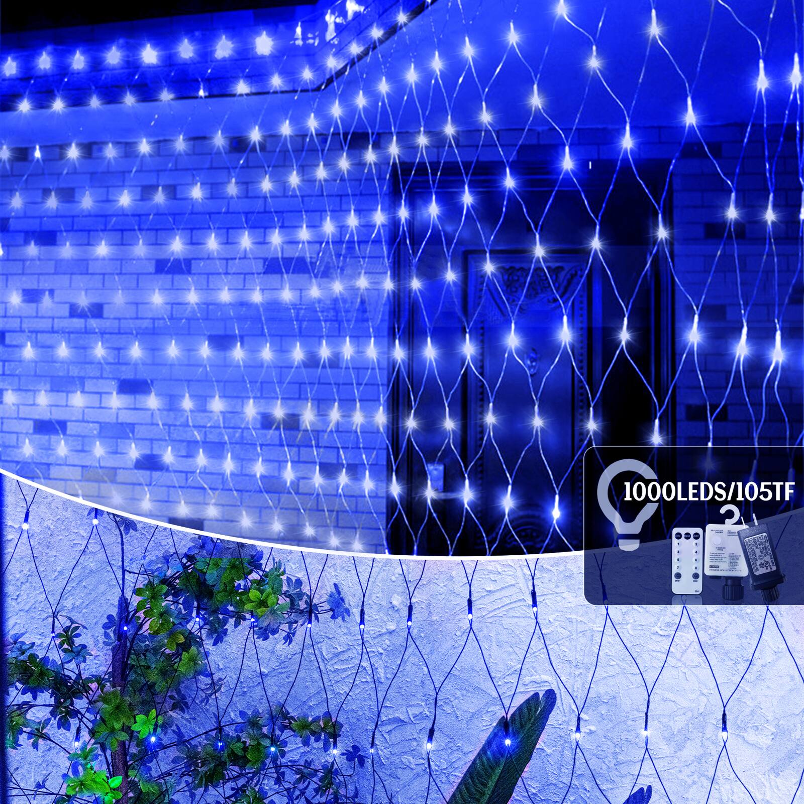 Back. Sunoyar - 9.8x6.5ft Christmas Halloween LED Mesh Net Lights 360 LEDs w/Remote 8 Modes Connectable for Bushes Garden Indoor Outdoor - blue.