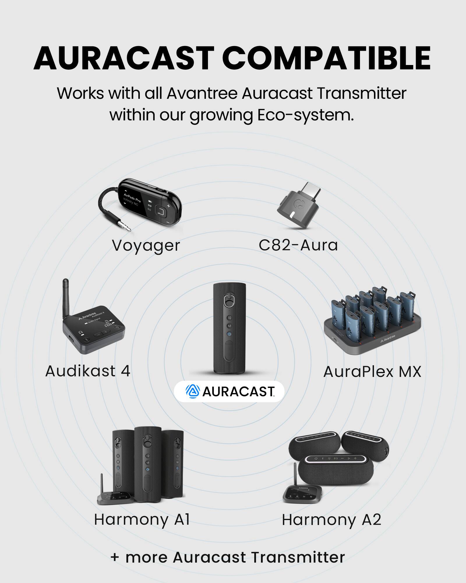 AURACAST COMPATIBLE  
Works with all Avantree Auracast Transmitter within our growing Eco-system.  

- Voyager  
- C82-Aura  
- Audikast 4  
- AuraPlex MX  
- Harmony A1  
- Harmony A2  
+ more Auracast Transmitter