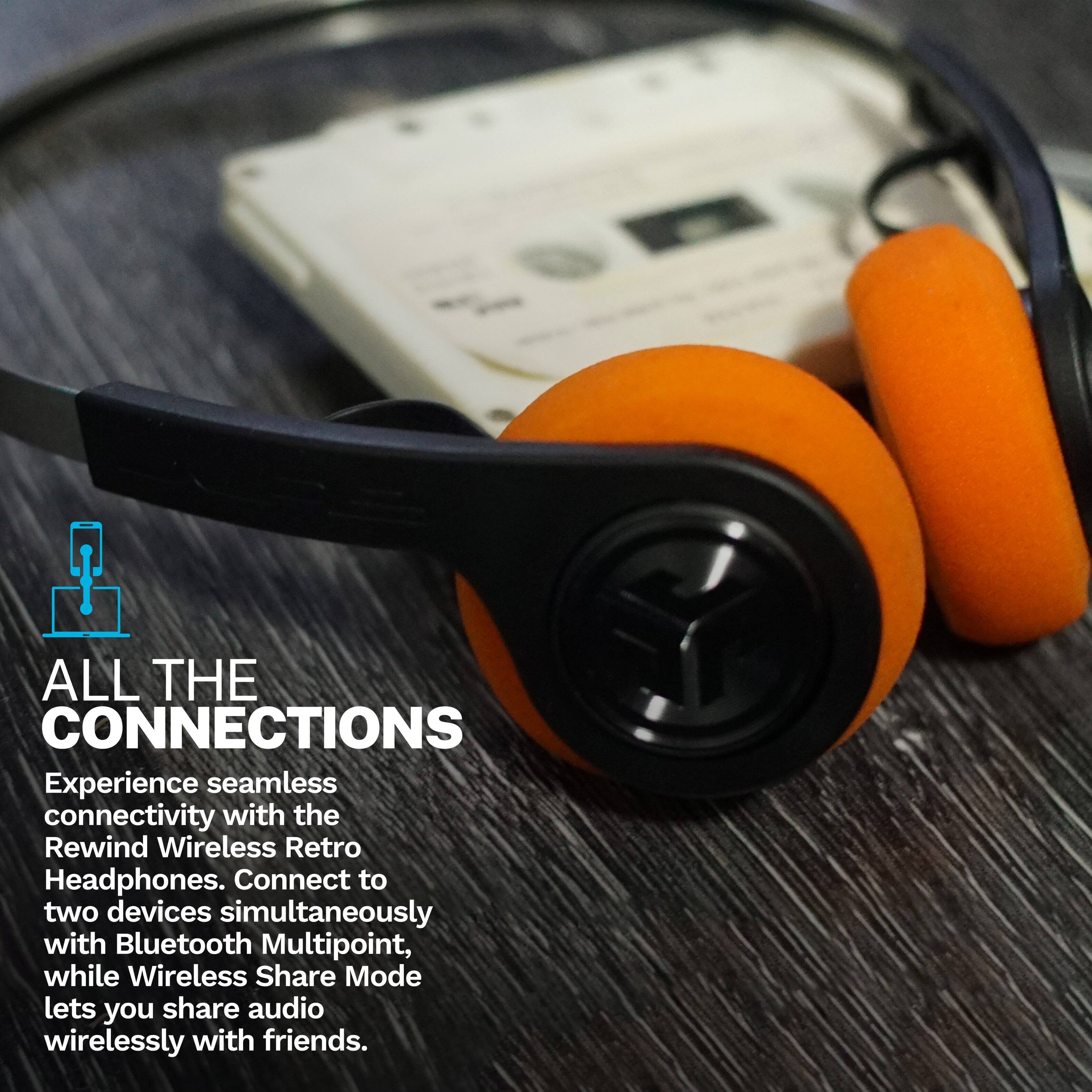 ALL THE CONNECTIONS

Experience seamless connectivity with the Rewind Wireless Retro Headphones. Connect to two devices simultaneously with Bluetooth Multipoint, while Wireless Share Mode lets you share audio wirelessly with friends.