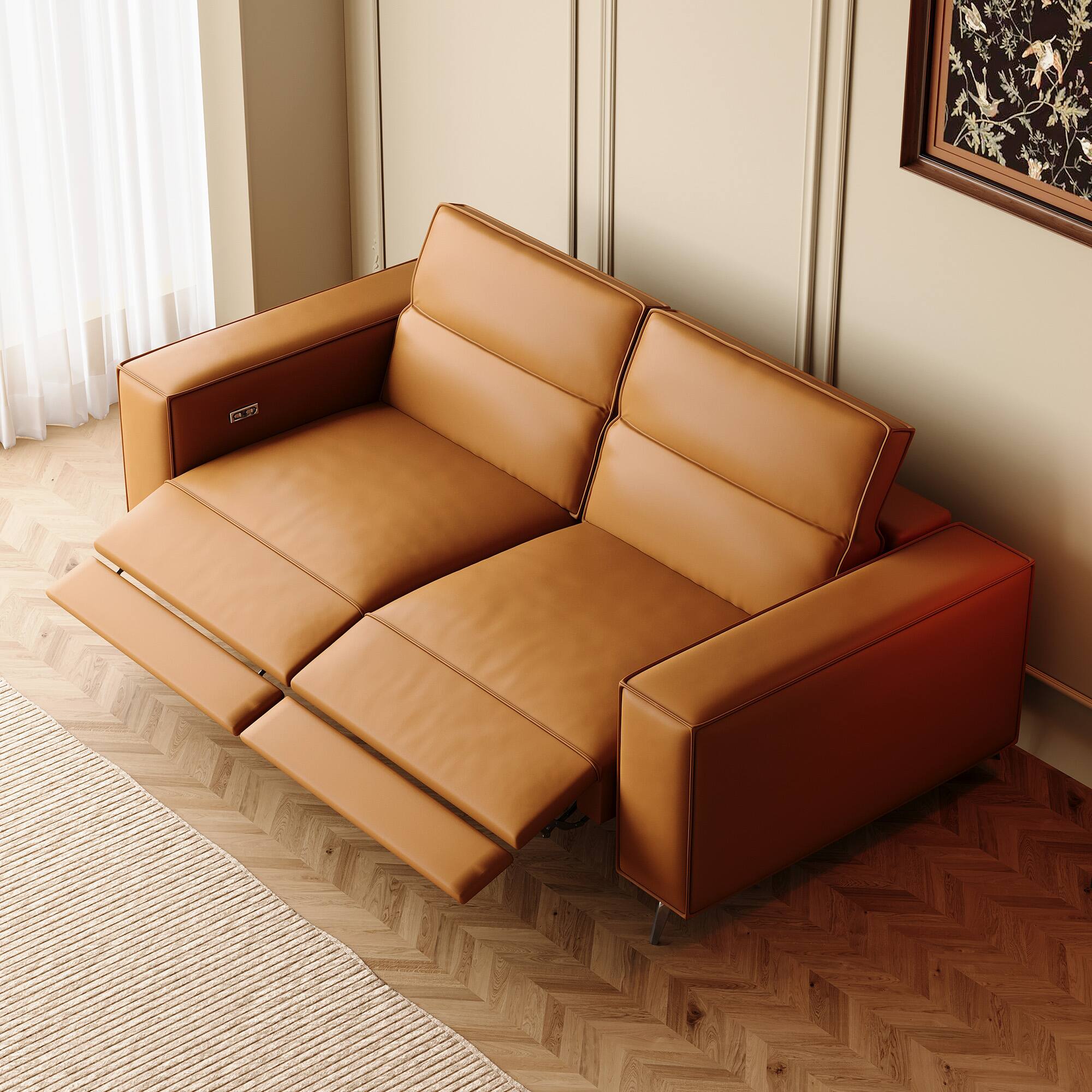 Angle. luck idea - 76.77" Power Reclining Sofa | Home Theater Seats with Electric Seat & Comfortable Seating - Orange.