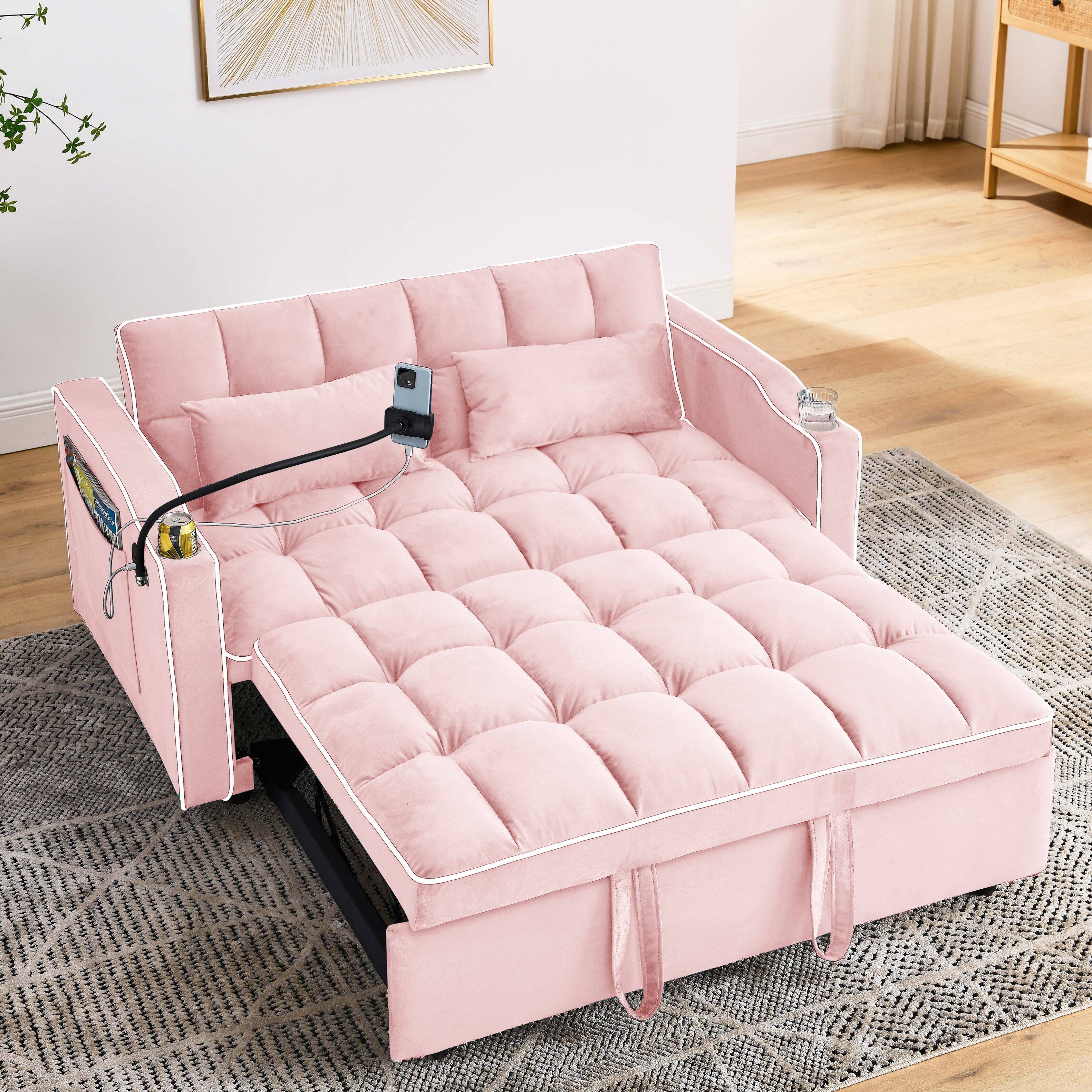 Alt View 1. GOODSILO - Versatile 55-Inch Foldable Sofa Bed with Adjustable Backrest and Modern Convenience Features for Living Spaces - Baby Pink.