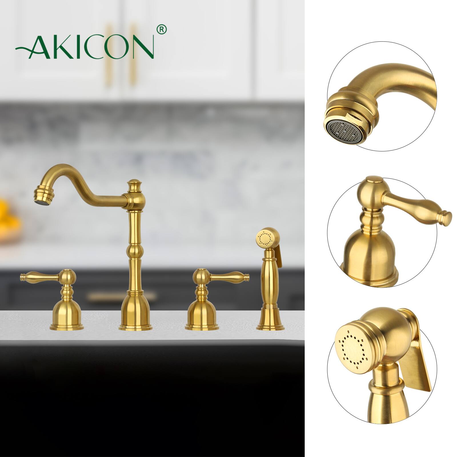 Alt View 2. Akicon - Akicon Solid Brass Two-Handles 360° Swivel Widespread Kitchen Faucet with Side Sprayer in Brushed Gold - Brushed Gold.