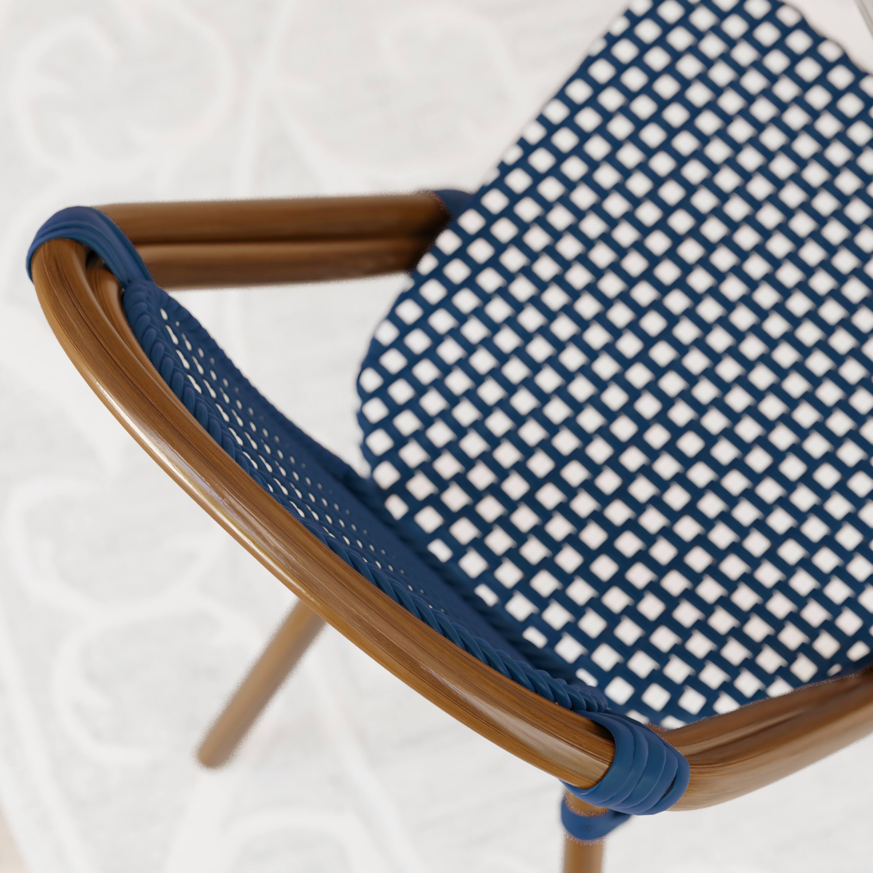 Alt View 5. Emma + Oliver - Soie Stacking Bistro Chairs with PE Seat and Back and Aluminum Frame for Indoor/Outdoor Use - Navy & White/Natural Frame.