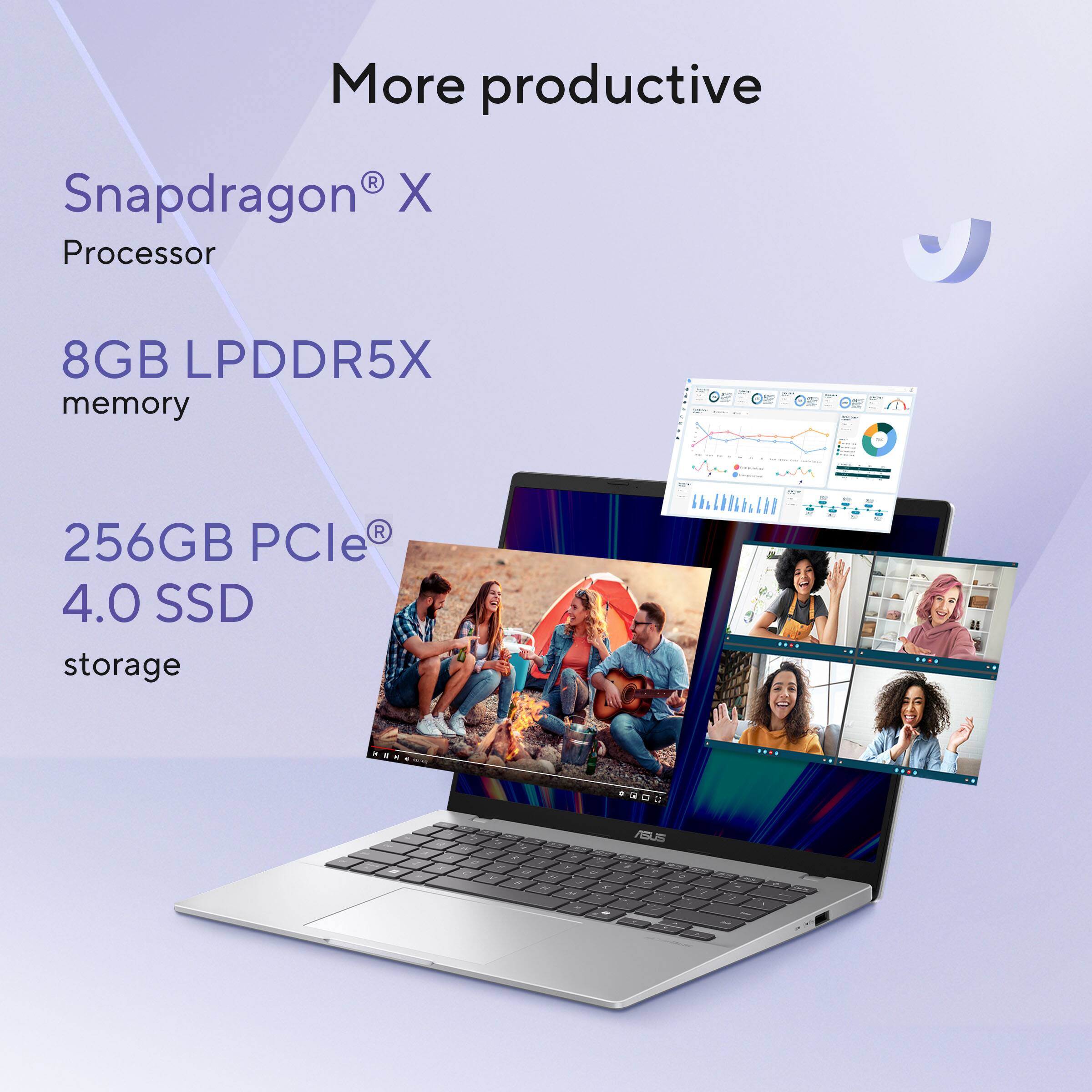 More productive

Snapdragon® X Processor

8GB LPDDR5X memory

256GB PCIe® 4.0 SSD storage