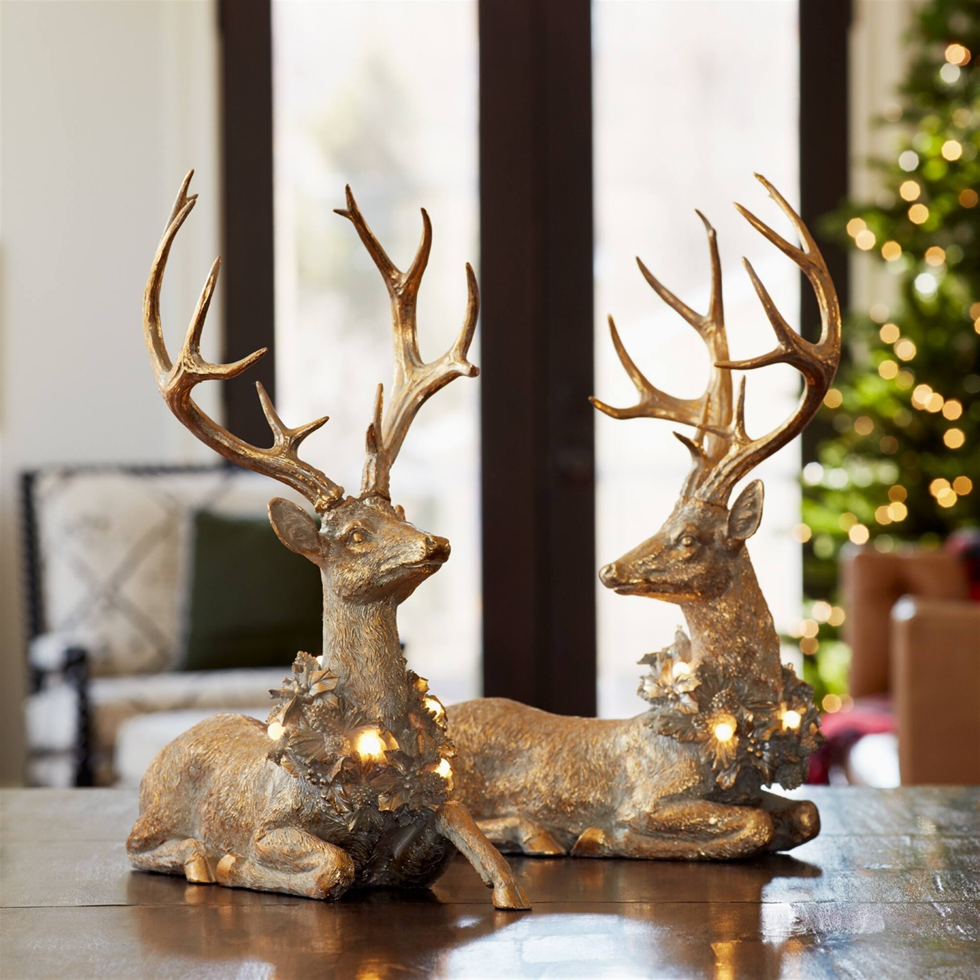 Alt View 2. BreeBe - Holiday Deer Figurine with Lighted Wreath and Gold Finish (Set of 2) - Gold.