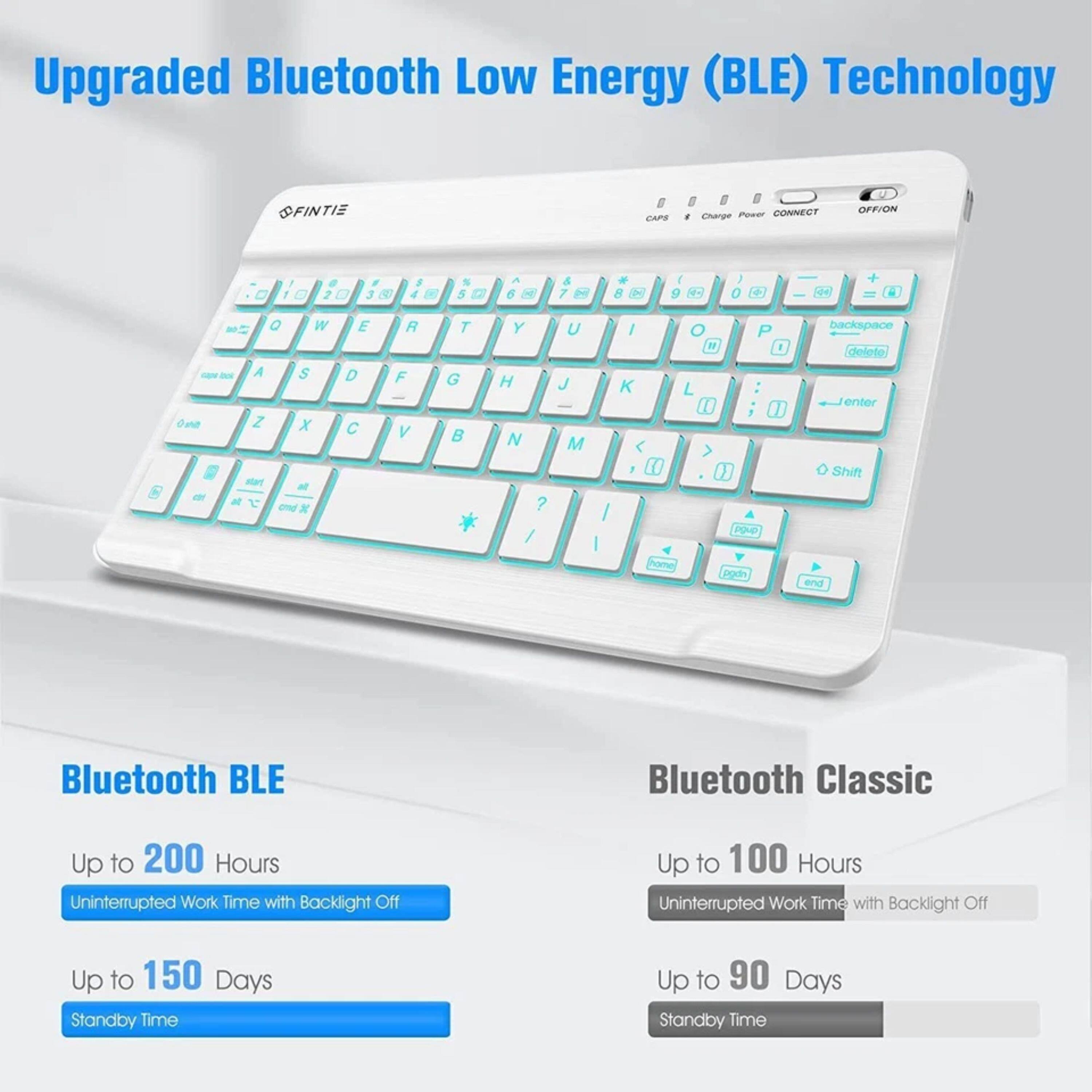 Upgraded Bluetooth Low Energy (BLE) Technology

FINTIE

Bluetooth BLE
- Up to 200 Hours Uninterrupted Work Time with Backlight Off
- Up to 150 Days Standby Time

Bluetooth Classic
- Up to 100 Hours Uninterrupted Work Time with Backlight Off
- Up to 90 Days Standby Time