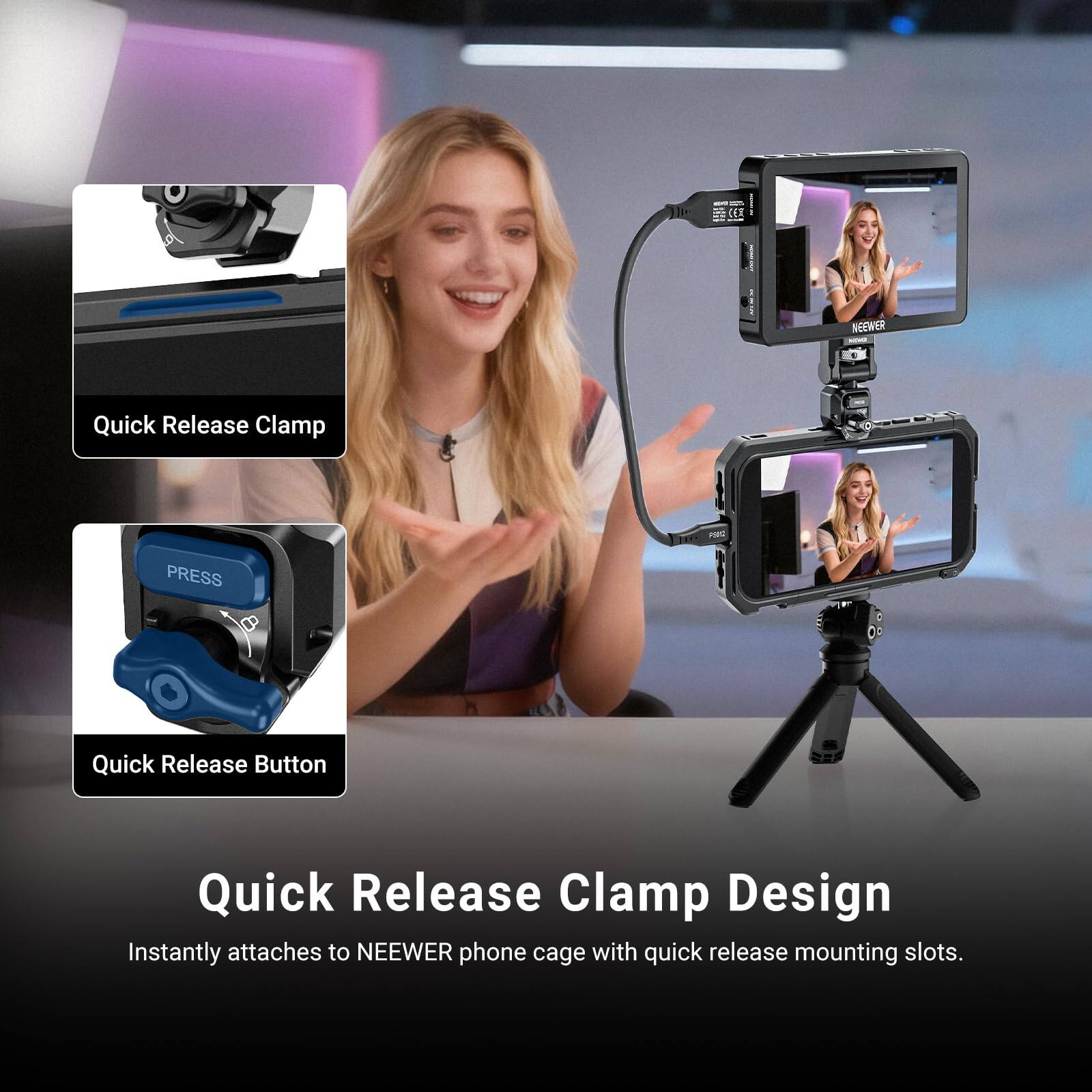 CCR NEEWER Quick Release Clamp ra PRESS Quick Release Button Quick Release Clamp Design Instantly attaches to NEEWER phone cage with quick release mounting slots.