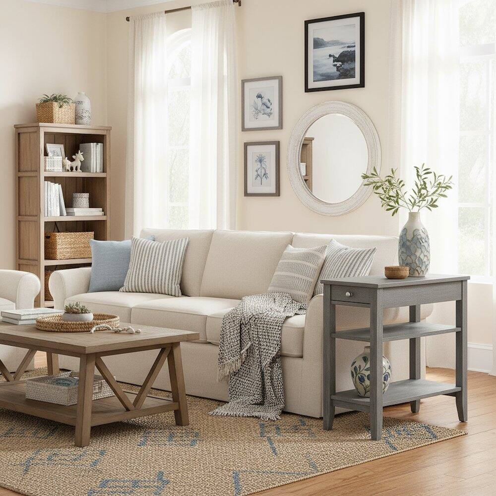 Alt View 3. FurniFact - Chairside End Table with Drawer - Wirebrush Dark Gray.