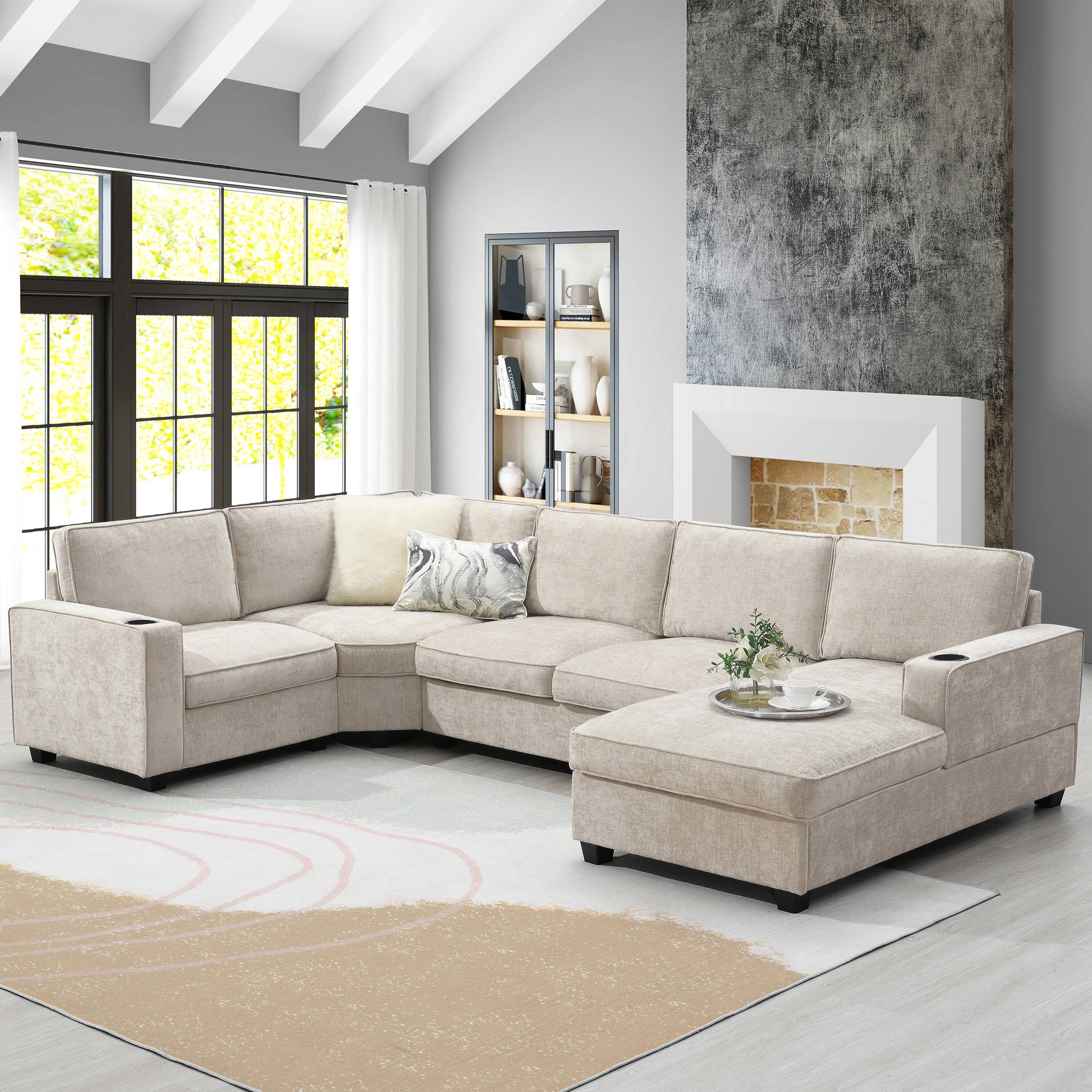 Front. Tiramisubest - 119" U-Shaped Sectional Sofa, 6 Seat Chenille Corner Couch Set with Cup Holders - Beige.
