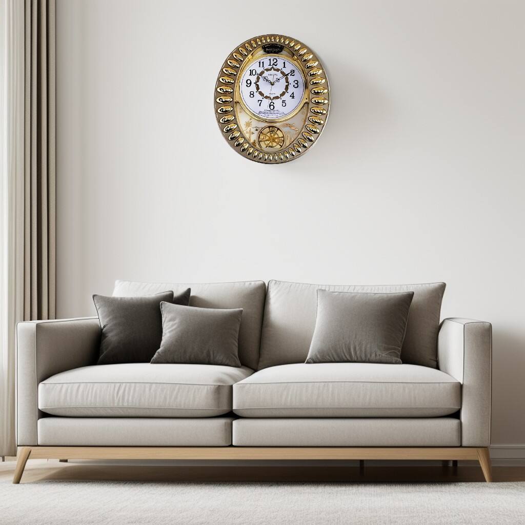 Angle. FC Design - 19"H Golden Color Elegant Decorative Wall Clock - Timeless Charm - Multicolor.