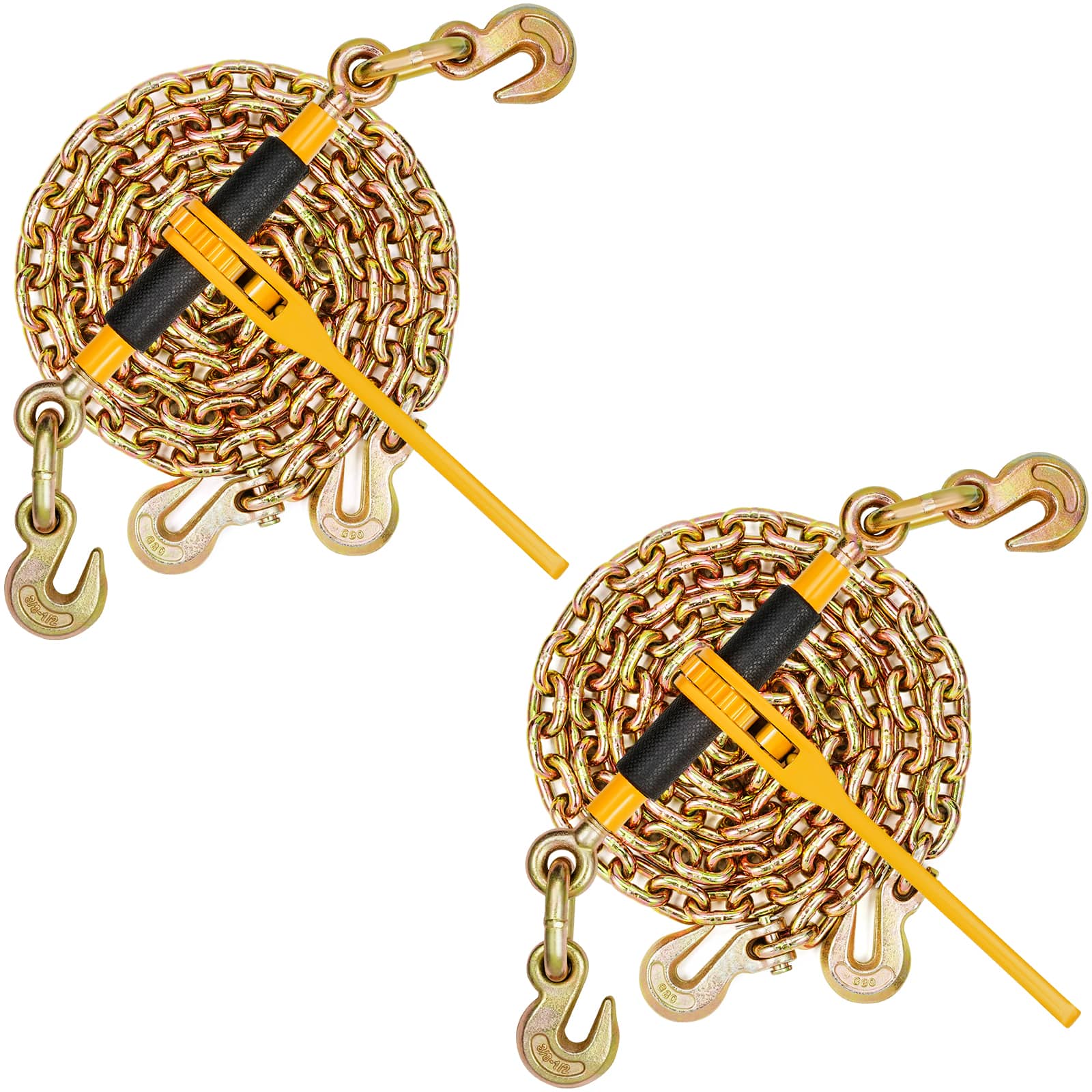 VEVOR - Chain and Binder Kit, 3/8"-1/2" Ratchet Load Binders 9200 lbs Working Load Limit, 3/8" x 10' G80 Chains with Grab Hooks - Yellow,Black