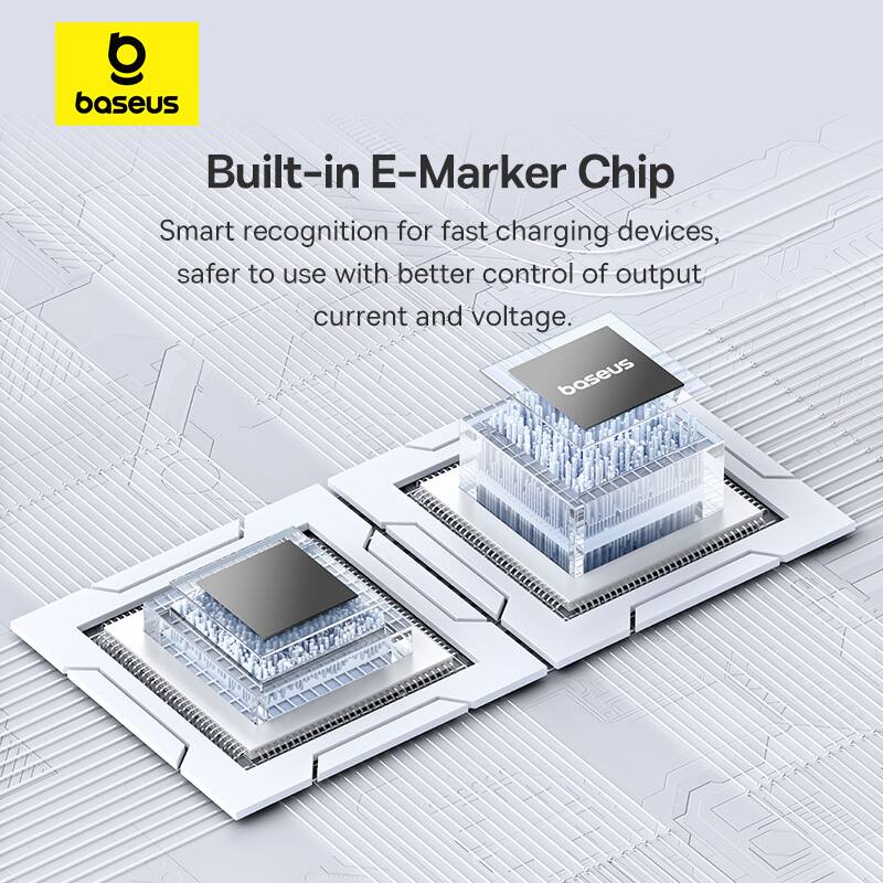 baseus Built-in E-Marker Chip Smart recognition for fast charging devices, safer to use with better control of output current and voltage. baseus