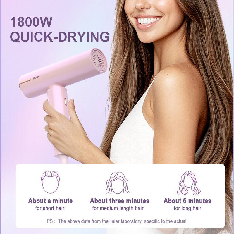Haier, 1800W QUICK-DRYING, About a minute for short hair, About three minutes for medium length hair, About 5 minutes for long hair, PS: The above data from theHaier laboratory, specific to the actual