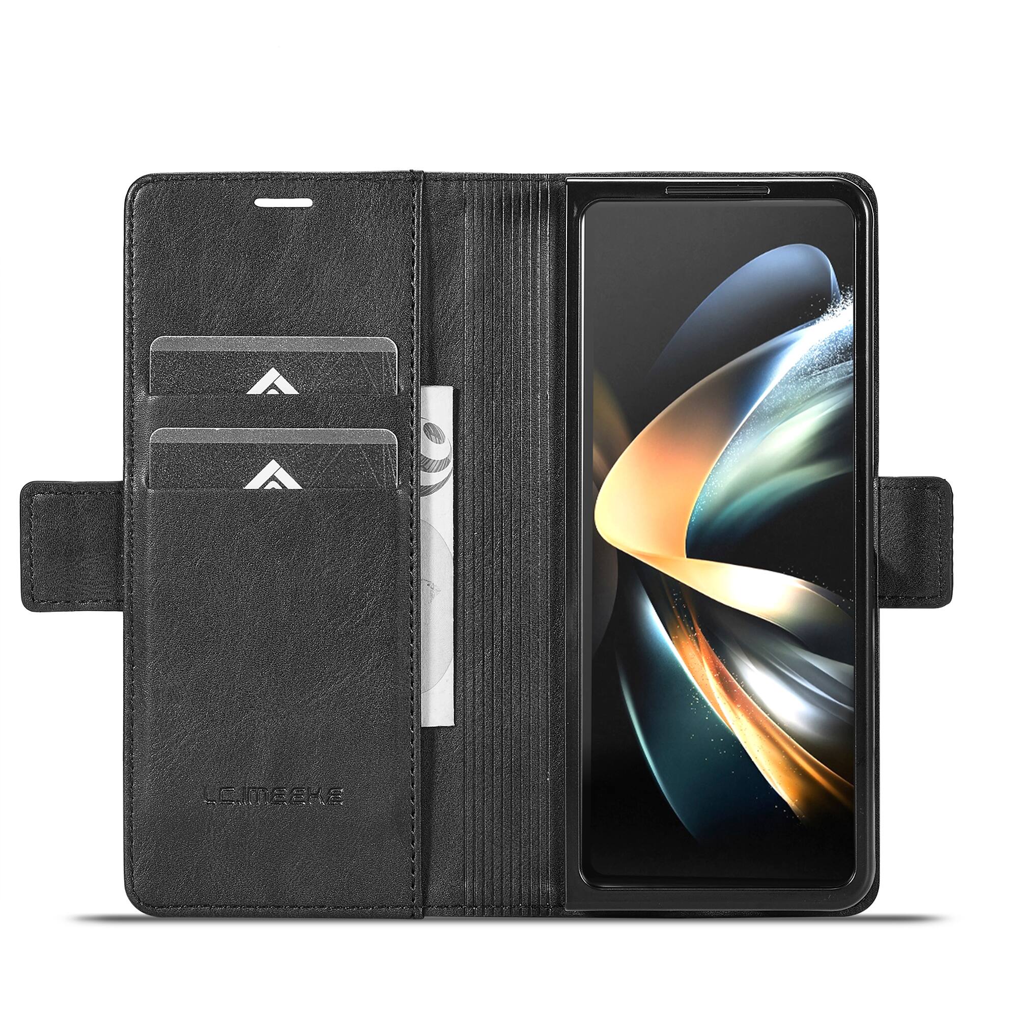 Angle. Dteck - Wallet Case for Samsung Galaxy Z Fold 7, Magnetic PU Leather RFID Blocking Card Slots Kickstand Shockproof Cover - Black.