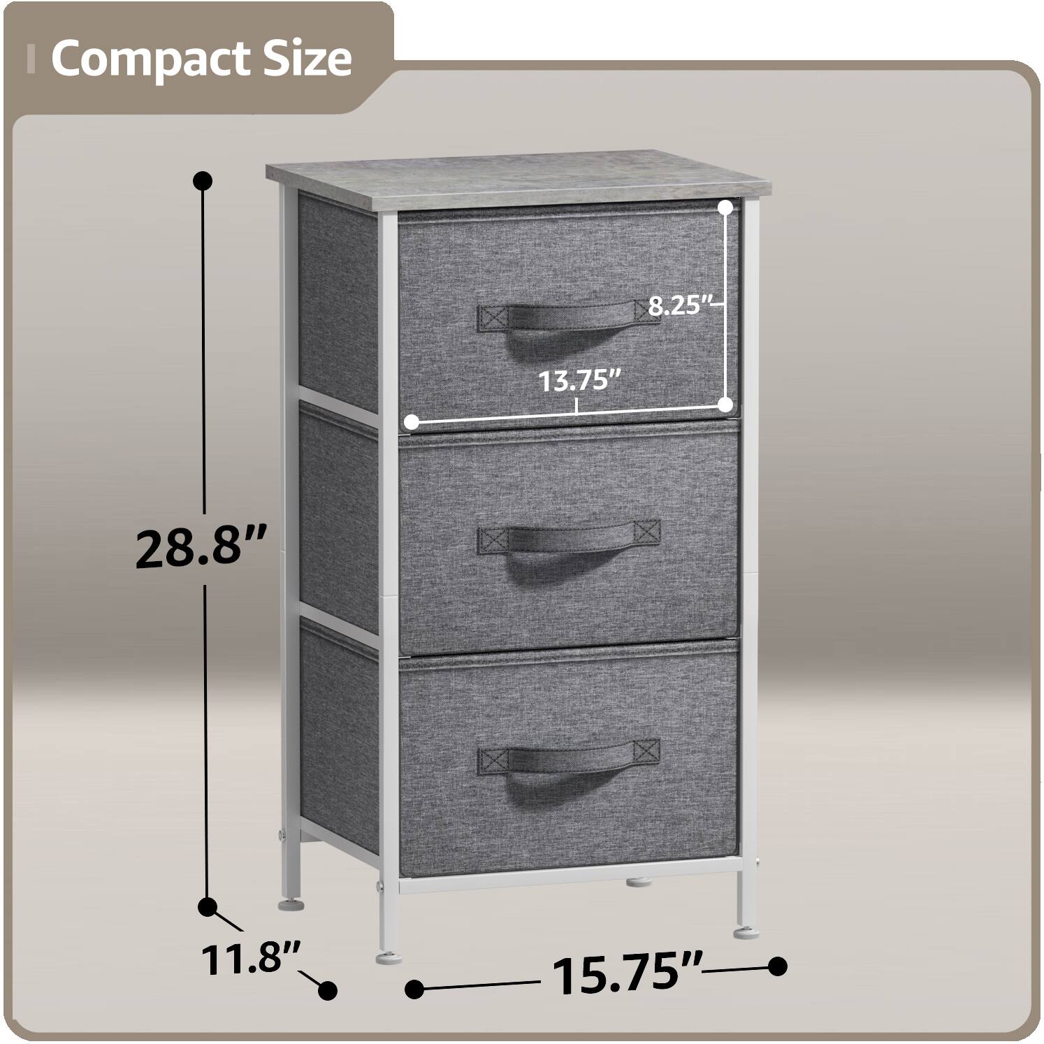 Compact Size

- Height: 28.8"
- Width: 15.75"
- Depth: 11.8"
- Drawer 1: 8.25" x 13.75"
- Drawer 2: 8.25" x 13.75"