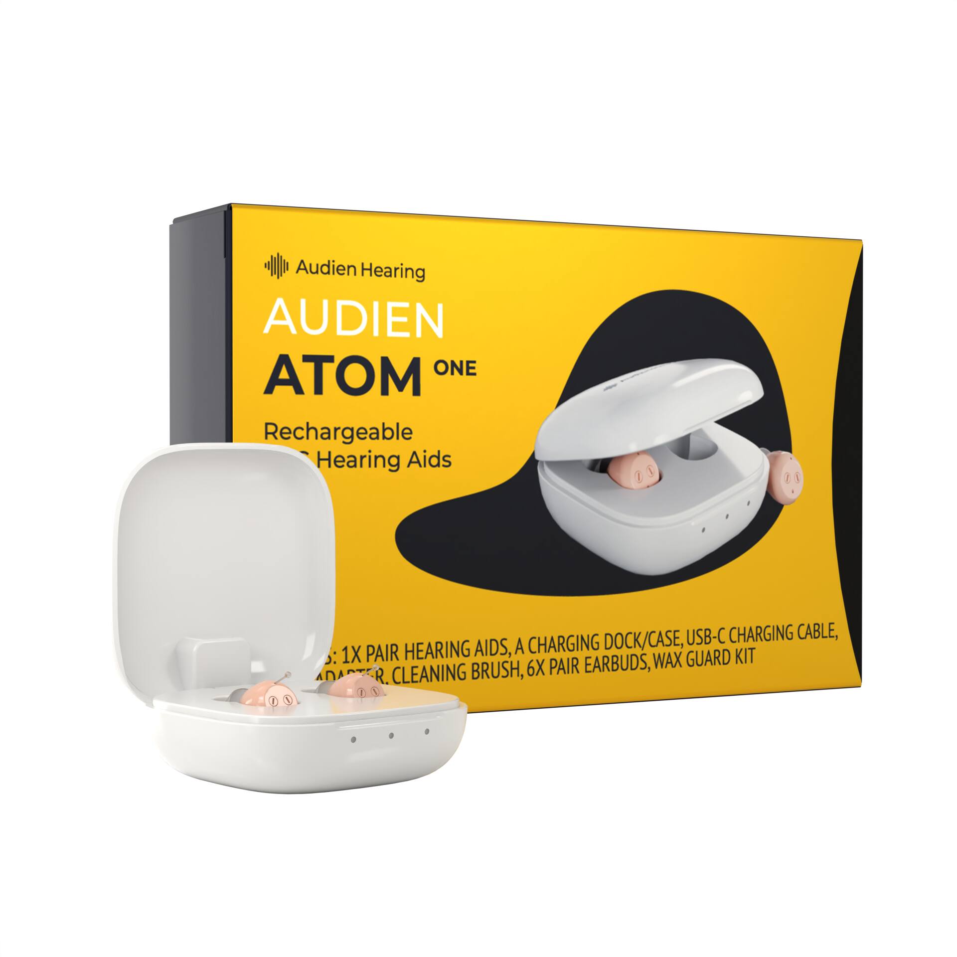 Audien Hearing  
AUDIEN ATOM ONE  
Rechargeable Hearing Aids  

Includes:  
- 1X Pair Hearing Aids  
- A Charging Dock/Case  
- USB-C Charging Cable  
- 1X Wax Guard Kit  
- Cleaning Brush  
- 6X Pair Earbuds