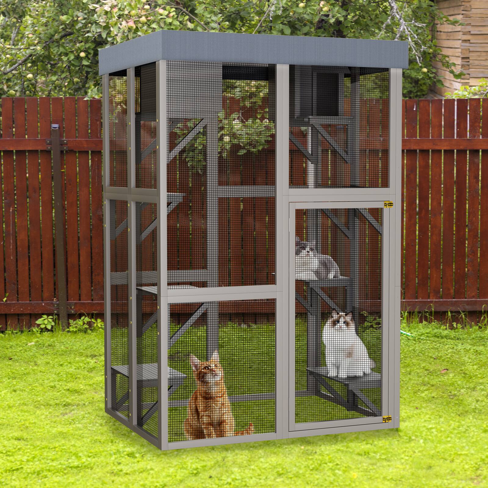Alt View 7. Siljoy - 70.5" Tall Gray Catio with Removable Tarp, 6 Platforms & 2 Napping Houses, Outdoor Cat Enclosure.