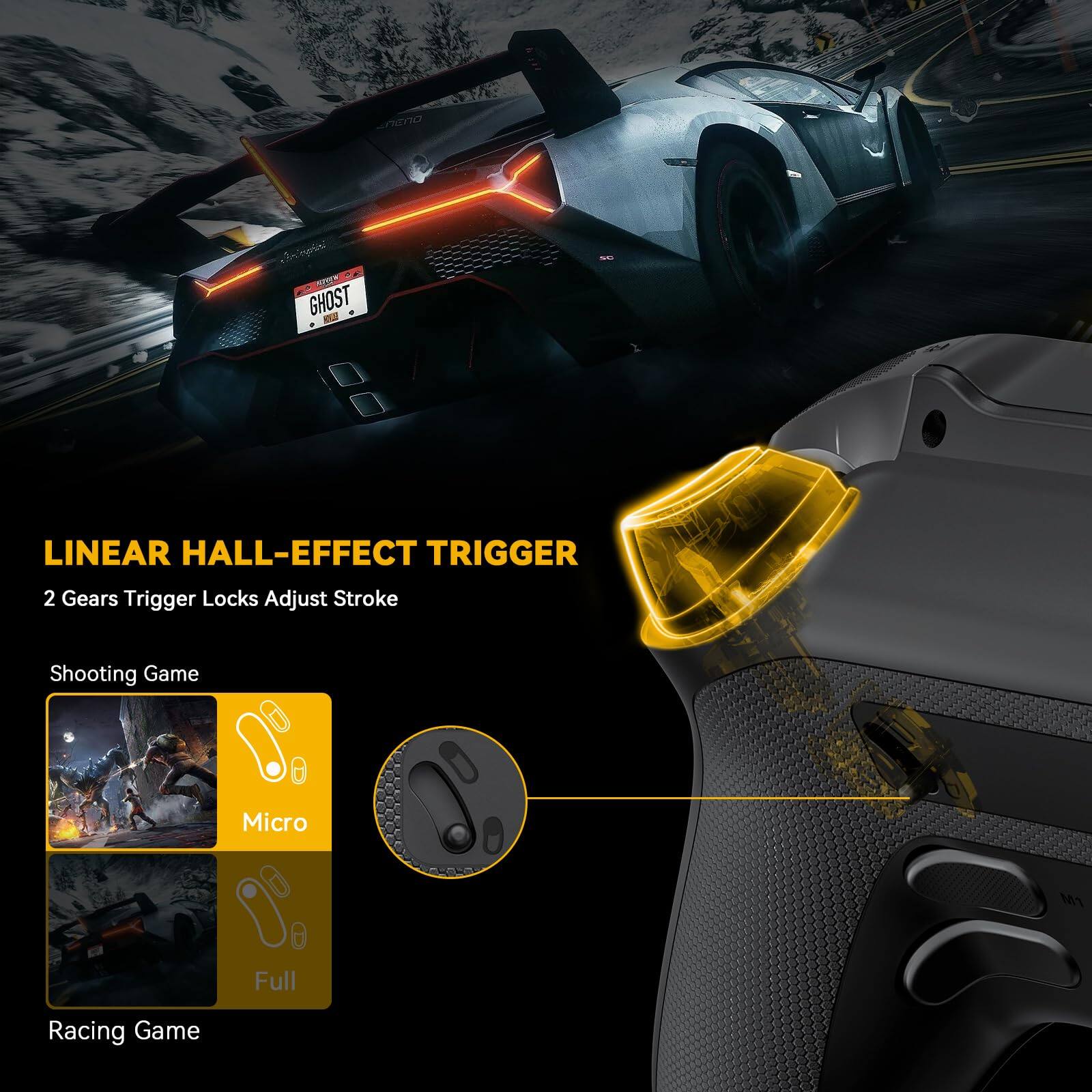 Sure, here is the corrected and grouped text from the image:

---

**LINEAR HALL-EFFECT TRIGGER**

- 2 Gears Trigger Locks Adjust Stroke

**Shooting Game**

- Micro

**Racing Game**

- Full

---

**GHOST**

---

**M1 Racing Game**

---

**0TTT**

---

**RA**

---