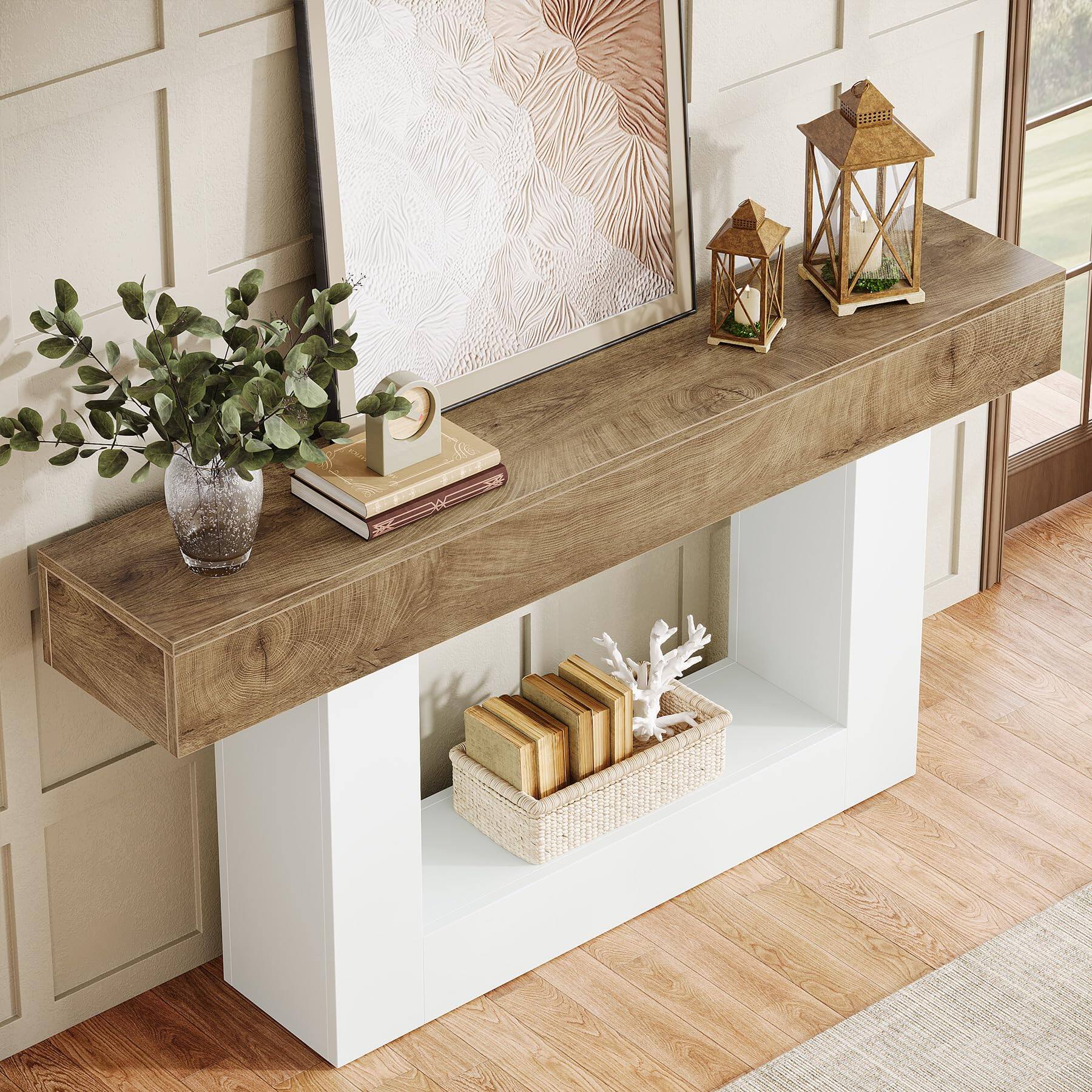 Alt View 3. Tribesigns - 63-Inch Long Console Table, 2-Tier Entryway Table Sofa Table with Storage, Farmhouse Wood Behind Couch Table for Living - Light Brown & White.