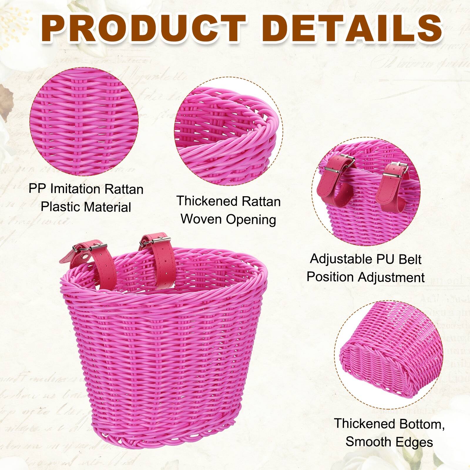 PRODUCT DETAILS

- PP Imitation Rattan Plastic Material
- Thickened Rattan Woven Opening
- Adjustable PU Belt Position Adjustment
- Thickened Bottom, Smooth Edges