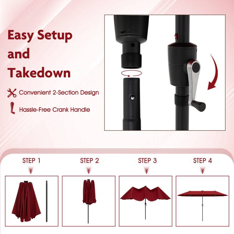 Easy Setup and Takedown  
Convenient 2-Section Design  
Hassle-Free Crank Handle  

STEP 1  
STEP 2  
STEP 3  
STEP 4