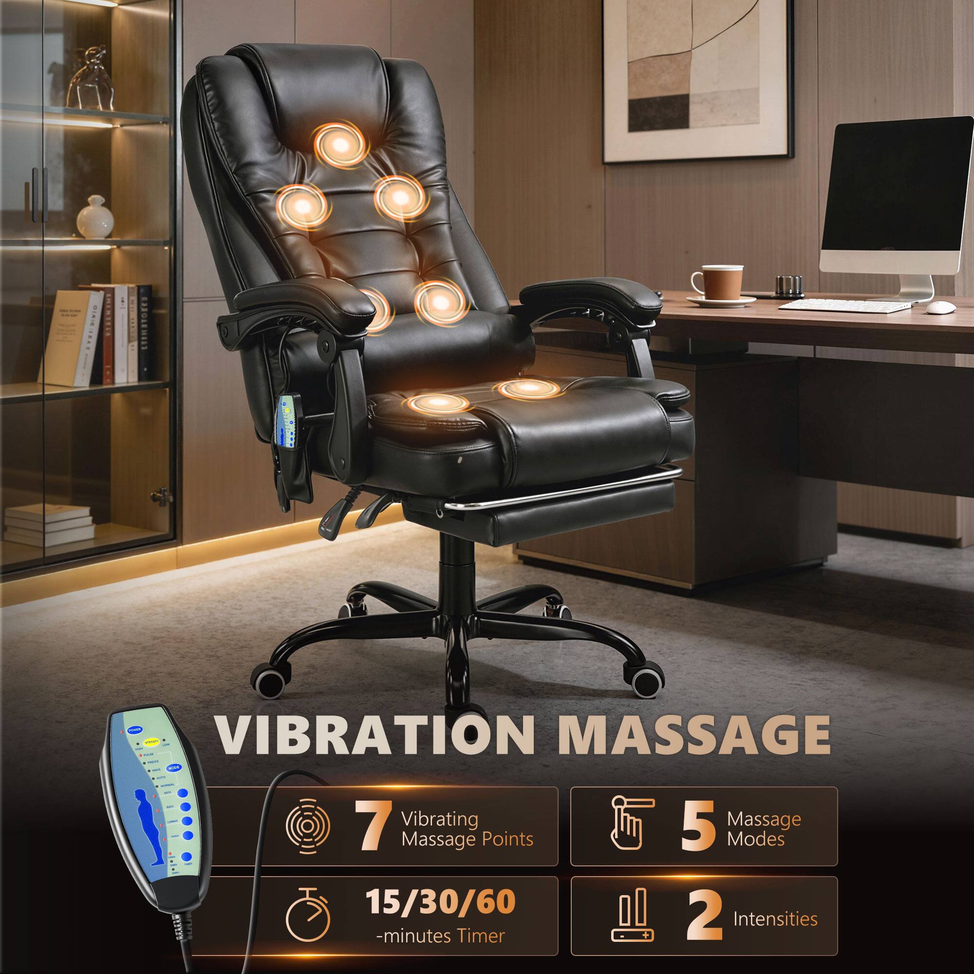 Vibration Massage  
7 Vibrating Massage Points  
5 Massage Modes  
15/30/60 -minutes Timer  
2 Intensities