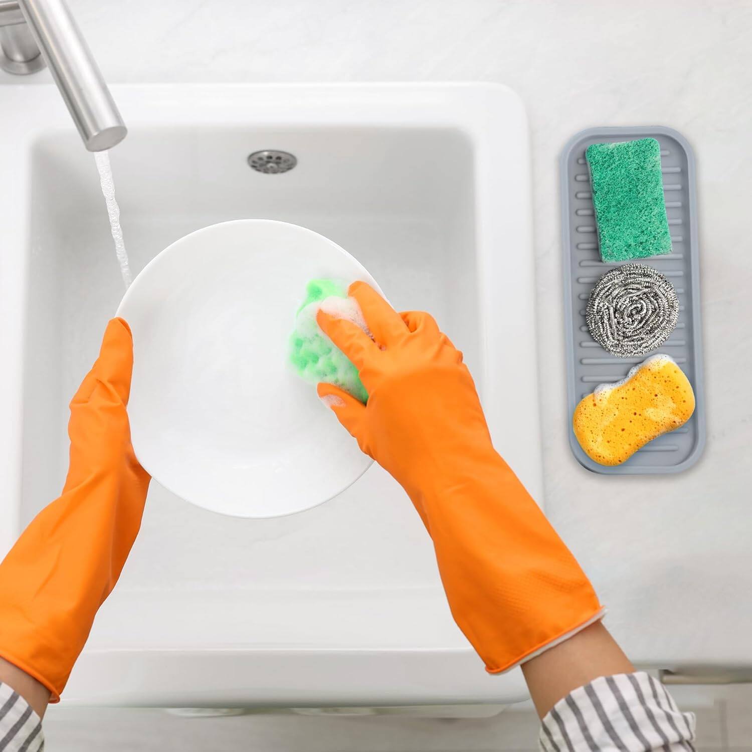 Angle. Zulay Kitchen - Zulay Kitchen (9x3.5) Silicone Sponge Holder for Kitchen Sink - Flexible Multipurpose Soap Tray - Gray.