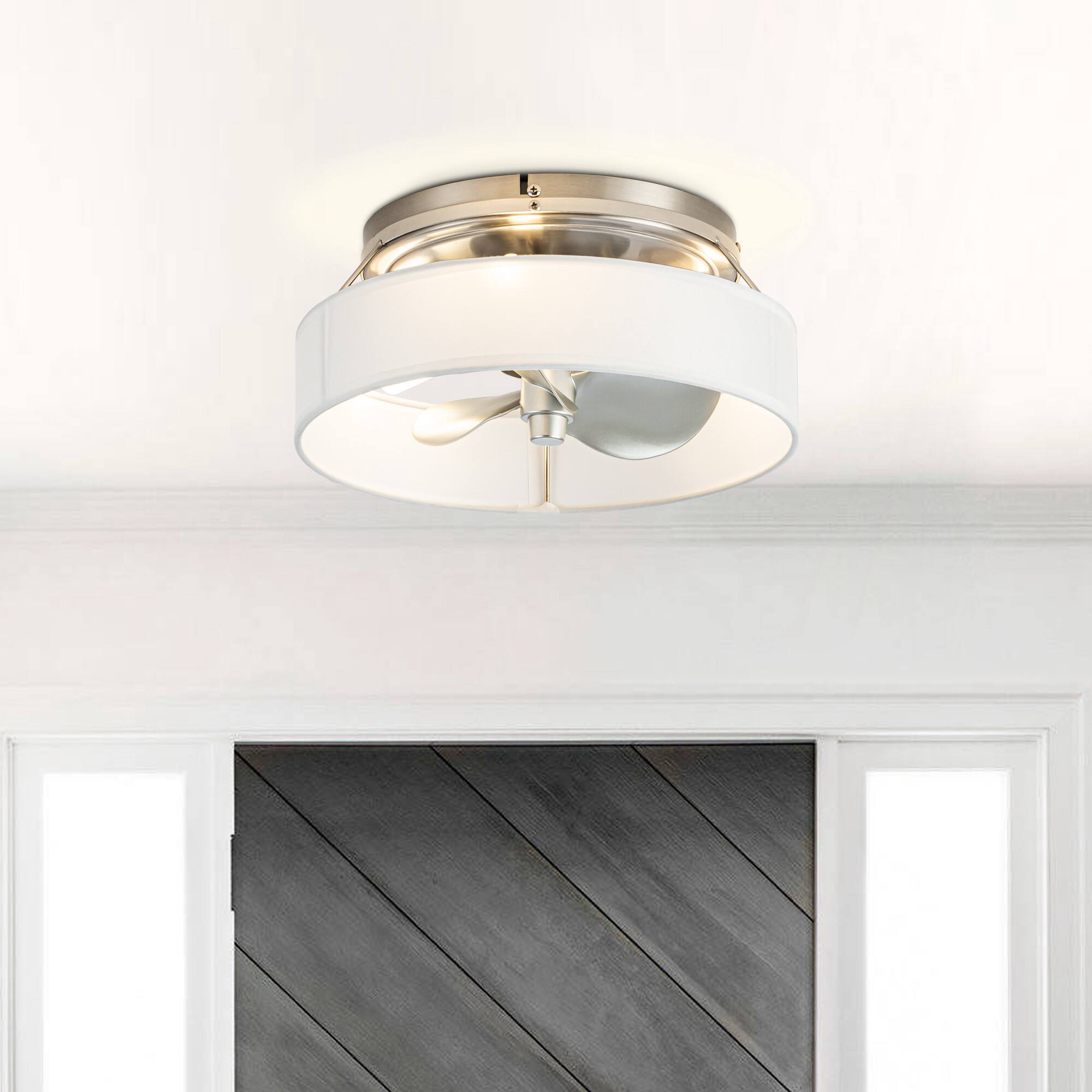 Alt View 5. Parrot Uncle - 12.6" Satin Nickel Flush Mount Caged Ceiling Fan with Light and Remote - Nickel.