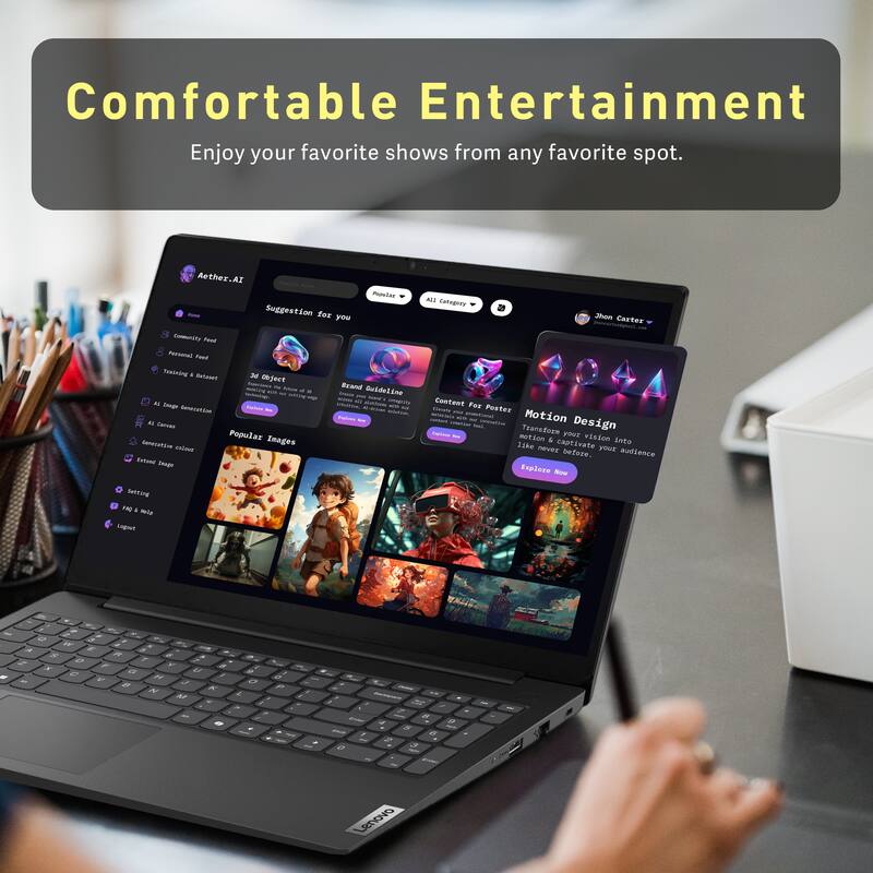 Comfortable Entertainment  
Enjoy your favorite shows from any favorite spot.

Aether.AI  
Suggestions for you  
- 3D Object  
- Brand Guideline  
- Popular Images  
- Motion Design  

Explore Now