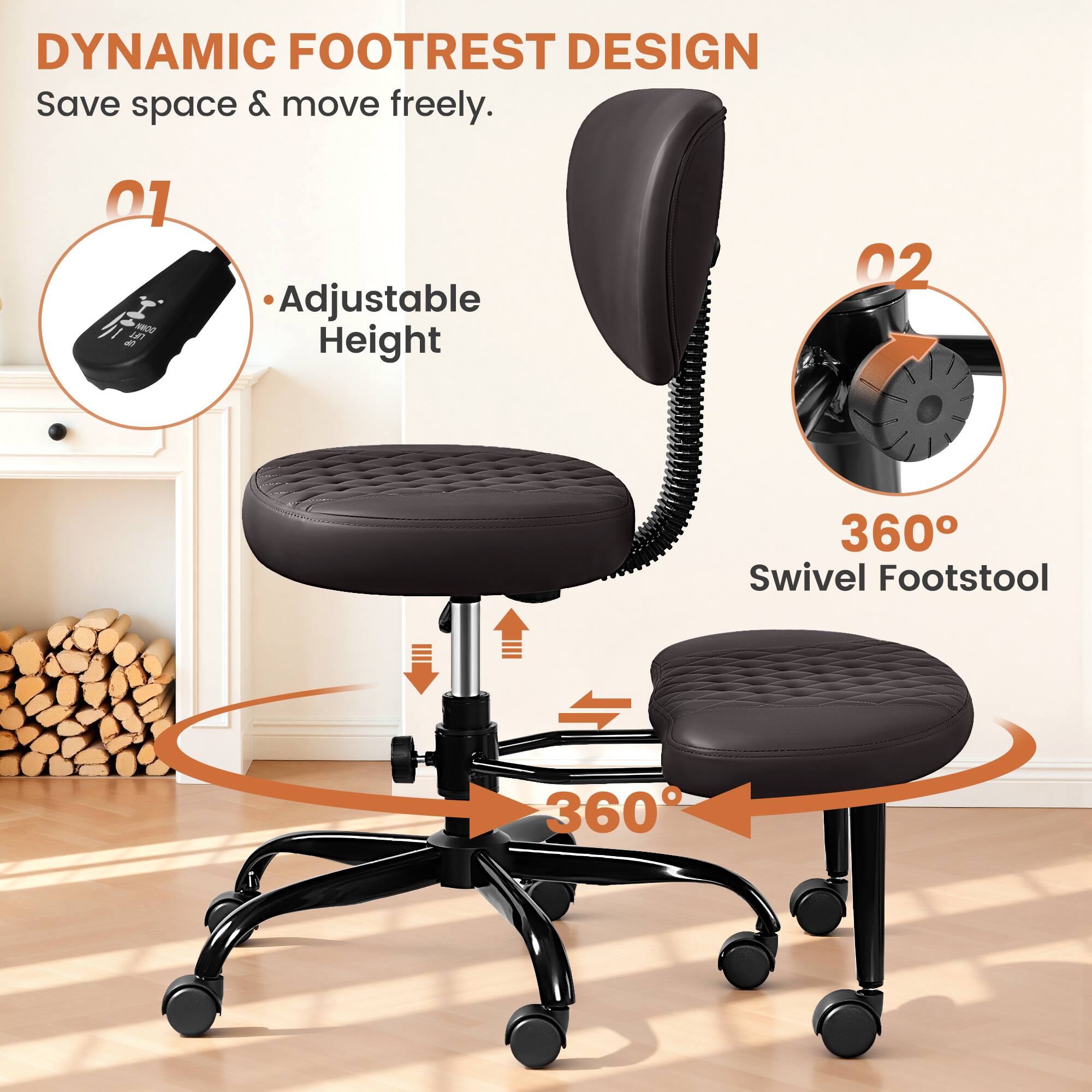 DYNAMIC FOOTREST DESIGN  
Save space & move freely.

01  
- Adjustable Height

02  
360° Swivel Footstool