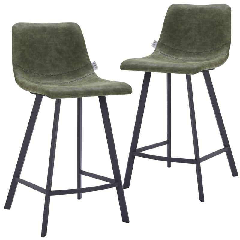 LeisureMod - Elland Counter Stool, Modern Upholstered Leather Counter Height Barstool with Iron Legs and Footrest Set of 2 - Olive Green