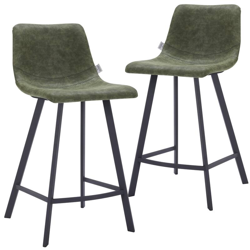 Front. LeisureMod - Elland Counter Stool, Modern Upholstered Leather Counter Height Barstool with Iron Legs and Footrest Set of 2 - Olive Green.