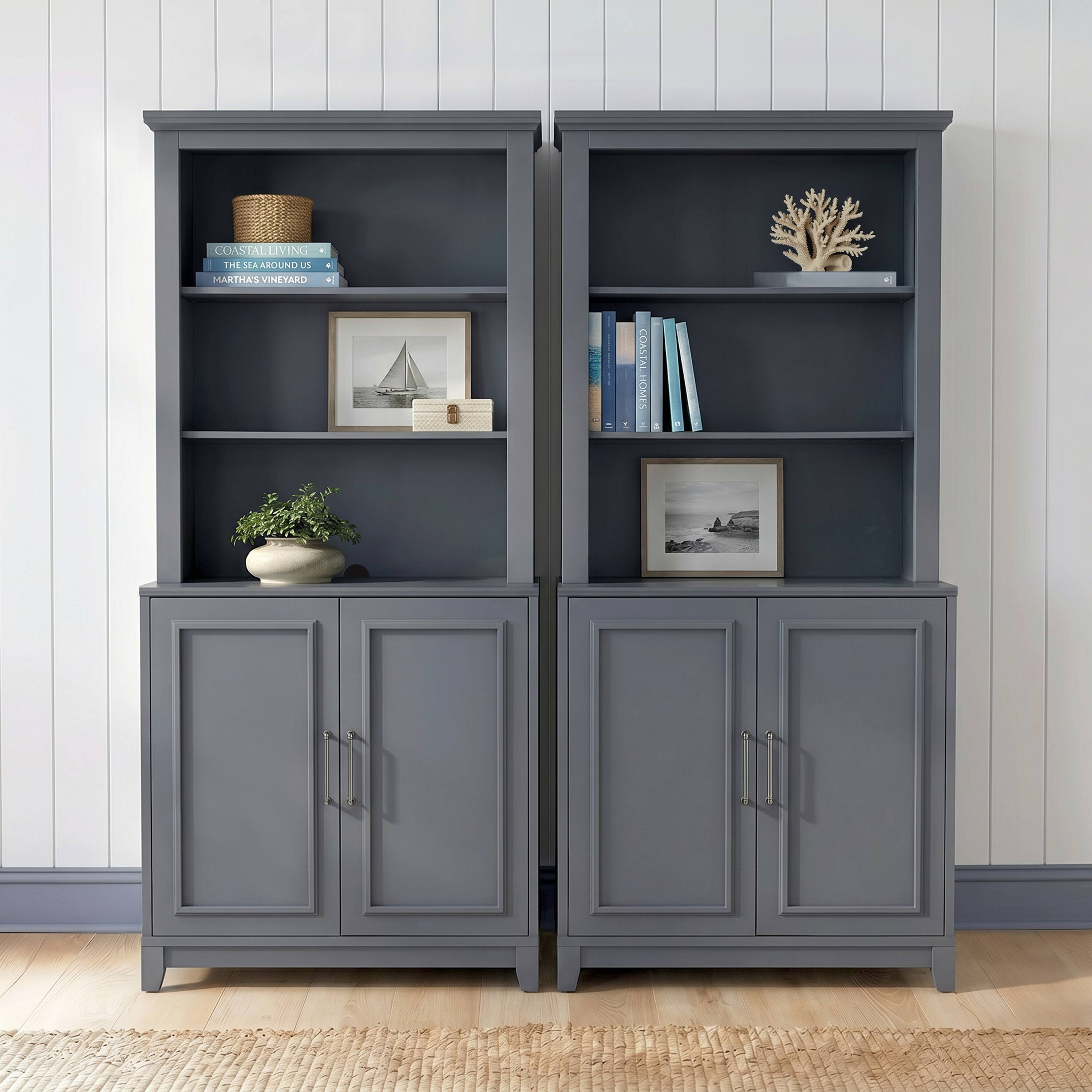 Martha Stewart - Lily Pond 4-Piece Modular Cabinet and Hutch Set with Premium Hardware, Open Top Shelves, Soft-Close Doors - Slate Blue Frame/Gunmetal Hardware