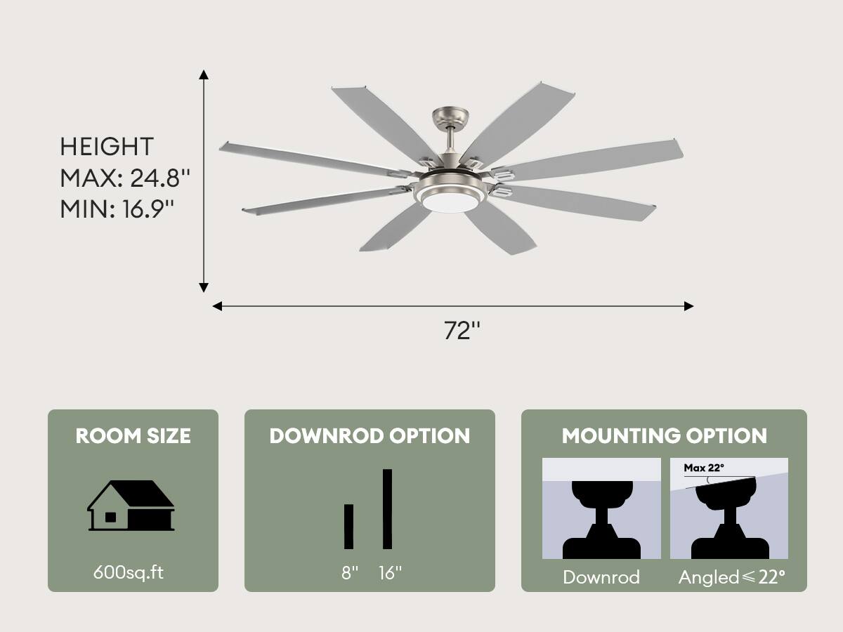 HEIGHT  
MAX: 24.8"  
MIN: 16.9"  

72"  

ROOM SIZE  
600sq.ft  

DOWNROD OPTION  
8" 16"  

MOUNTING OPTION  
Downrod  
Angled ≤ 22°