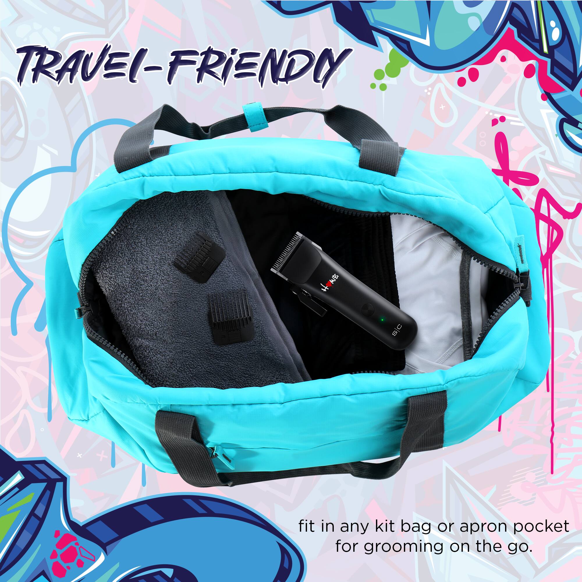 TRAVEL-FRIENDLY  
Ds fit in any kit bag or apron pocket for grooming on the go.