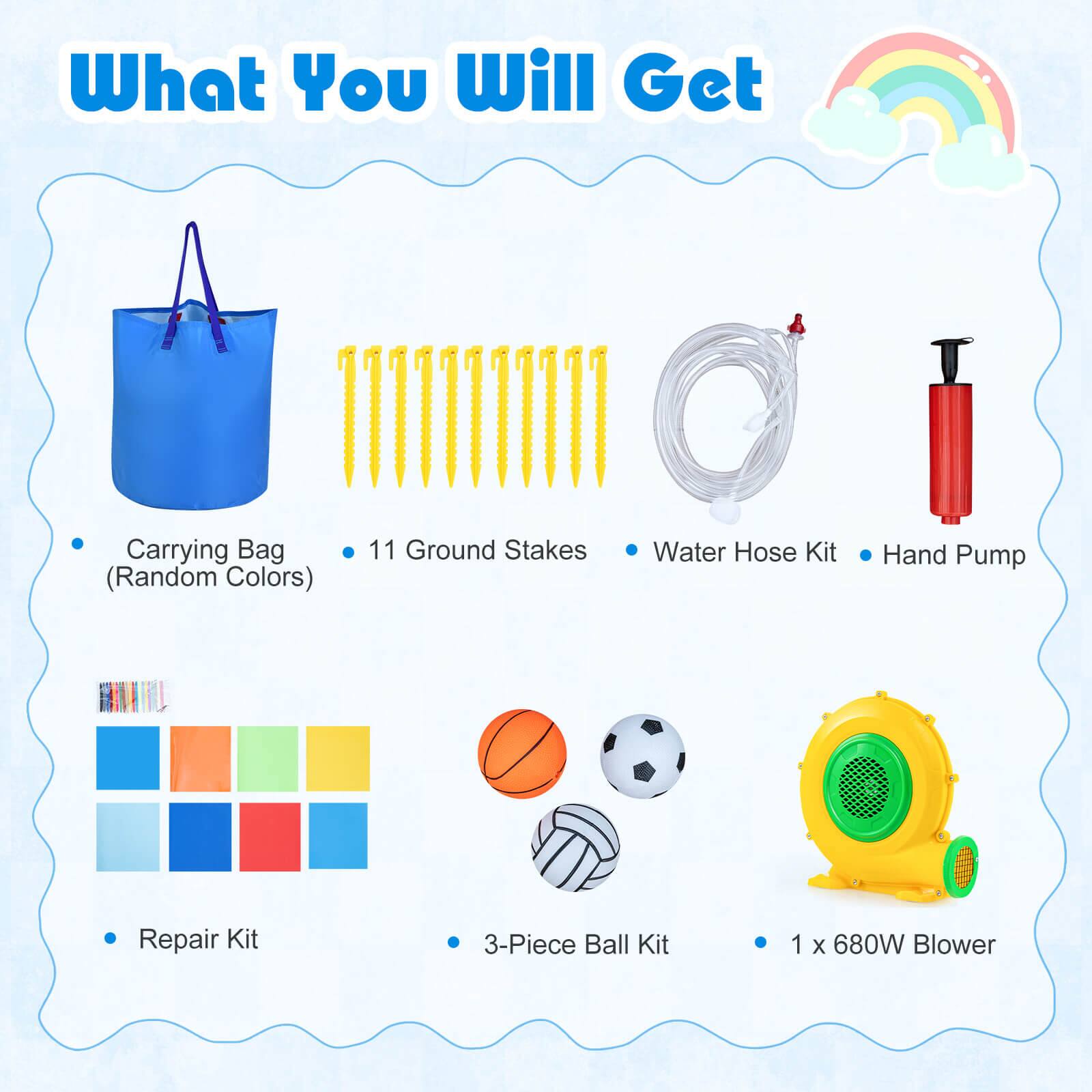 What You Will Get

- Carrying Bag (Random Colors)
- 11 Ground Stakes
- Water Hose Kit
- Hand Pump
- Repair Kit
- 3-Piece Ball Kit
- 1 x 680W Blower